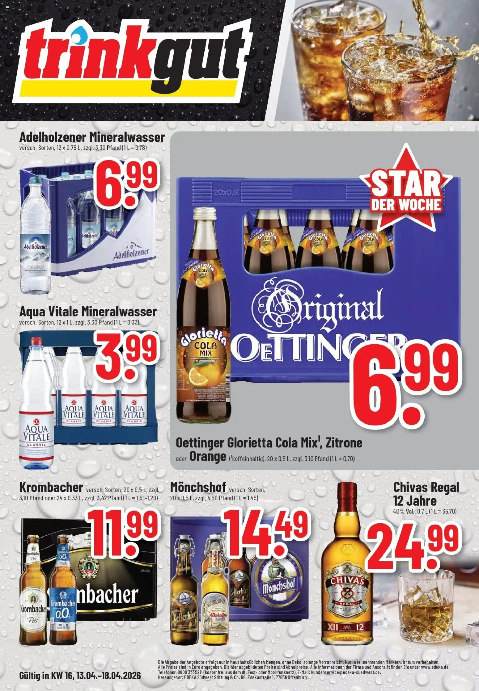 Vorschau von dem Prospekt des Geschäftes Trinkgut, gültig ab dem 12.04.2026 - Cola, Regal, Mineralwasser, Alkohol, Krombacher, Adelholzener, Monchshof, Pils