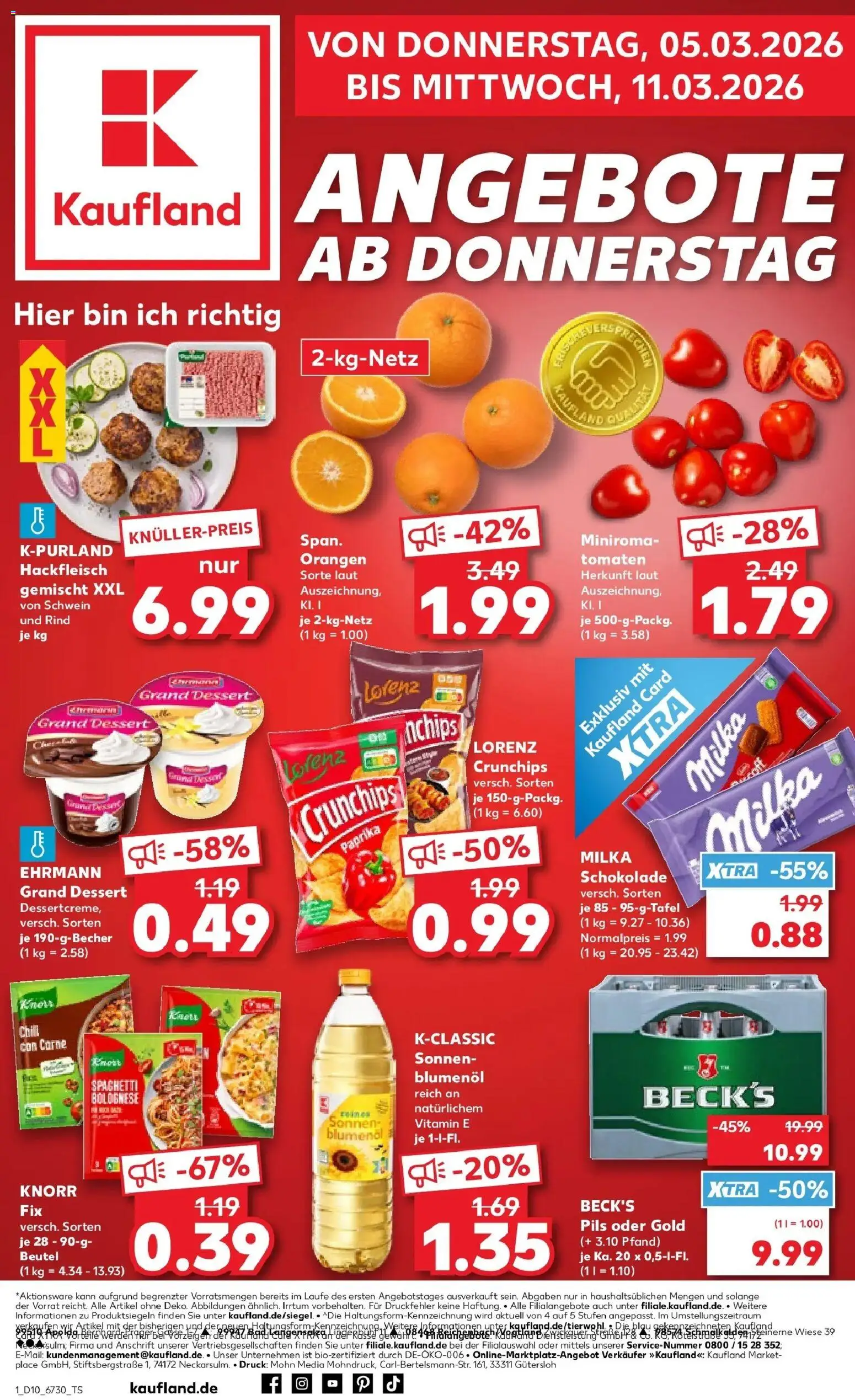 Vorschau von dem Prospekt des Geschäftes Kaufland, gültig ab dem 05.03.2026 - Schokolade, Spaghetti, Milka schokolade, Hackfleisch, Paprika, Knorr fix, Orangen, Sonnenblumenol
