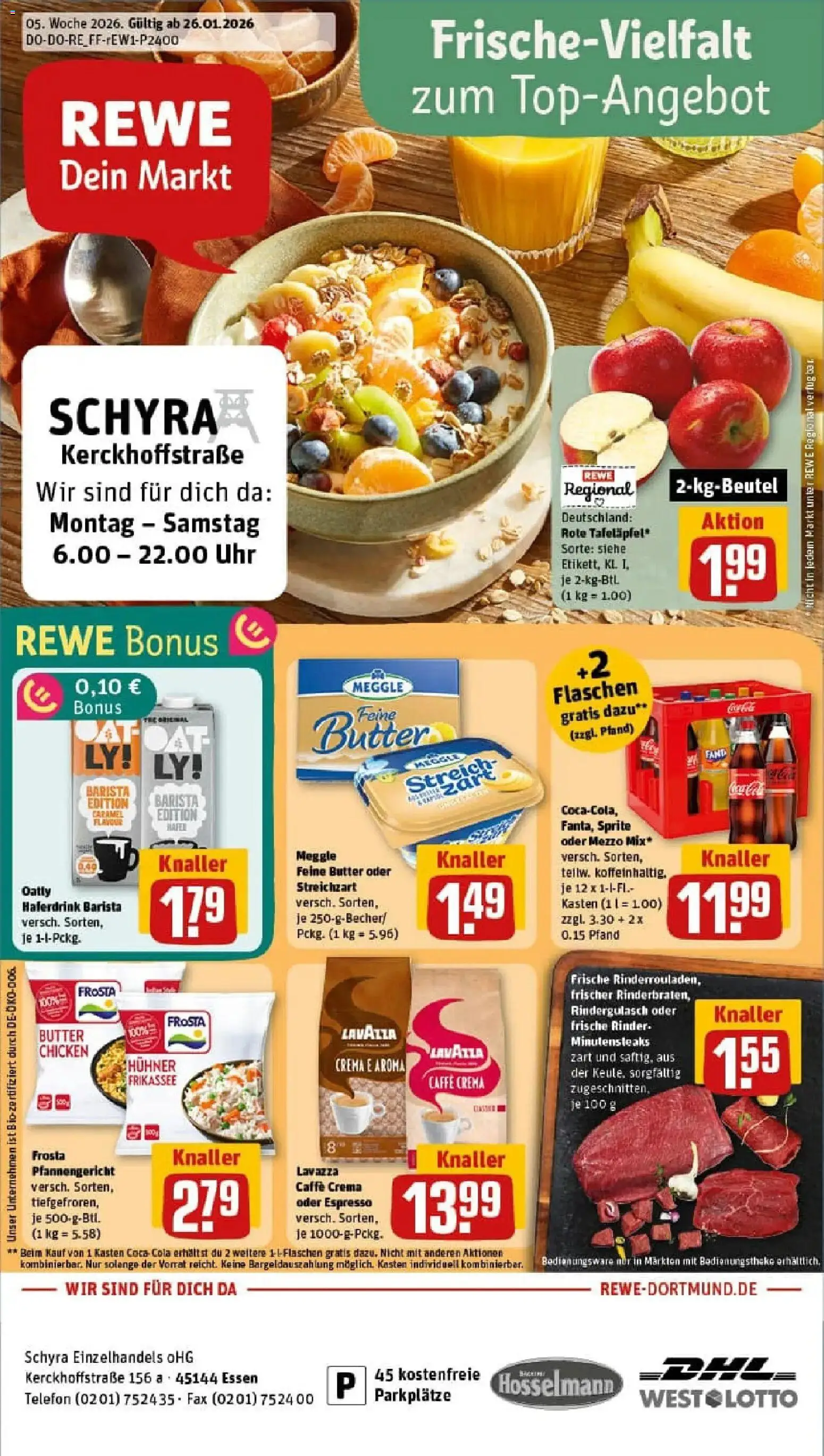 Vorschau von dem Prospekt des Geschäftes Rewe, gültig ab dem 26.01.2026 - Telefon, Butter, Rindergulasch, Lavazza, Frosta, Sprite, Oatly, Haferdrink