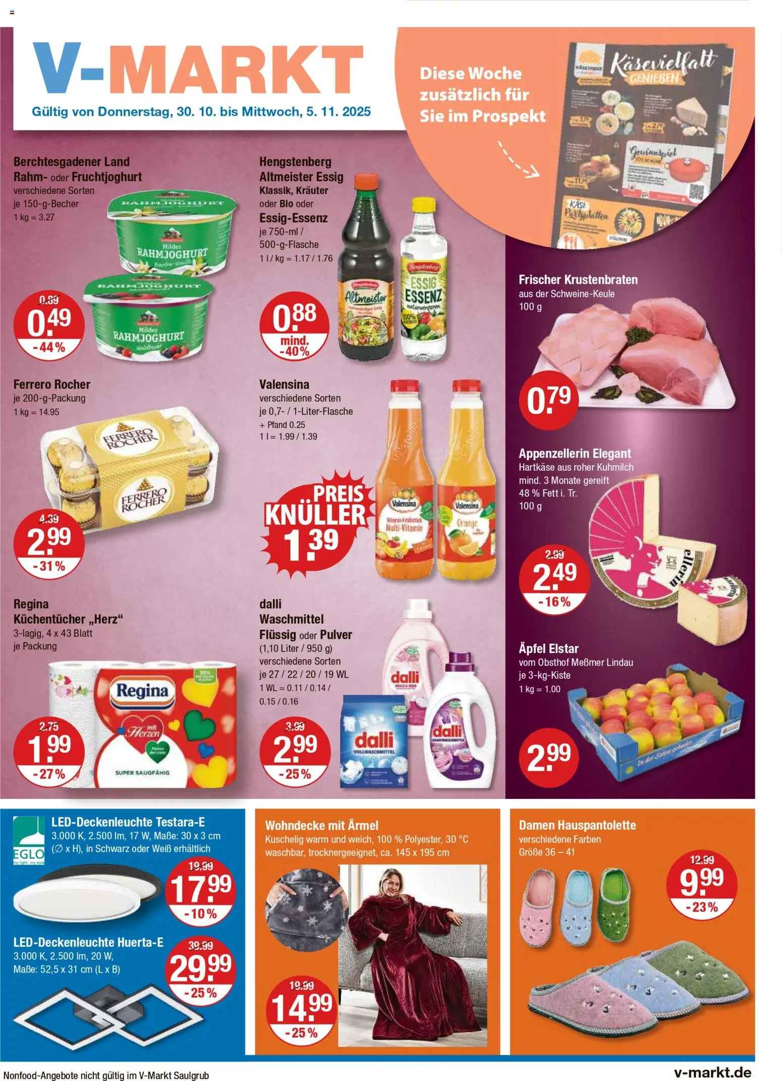 V-Markt Angebote (vom 30.10.2025) - Hallertau / Oberpfalz - Käse, Äpfel, Ferrero rocher, Essig, Waschmittel, Messmer, Valensina, Fruchtjoghurt