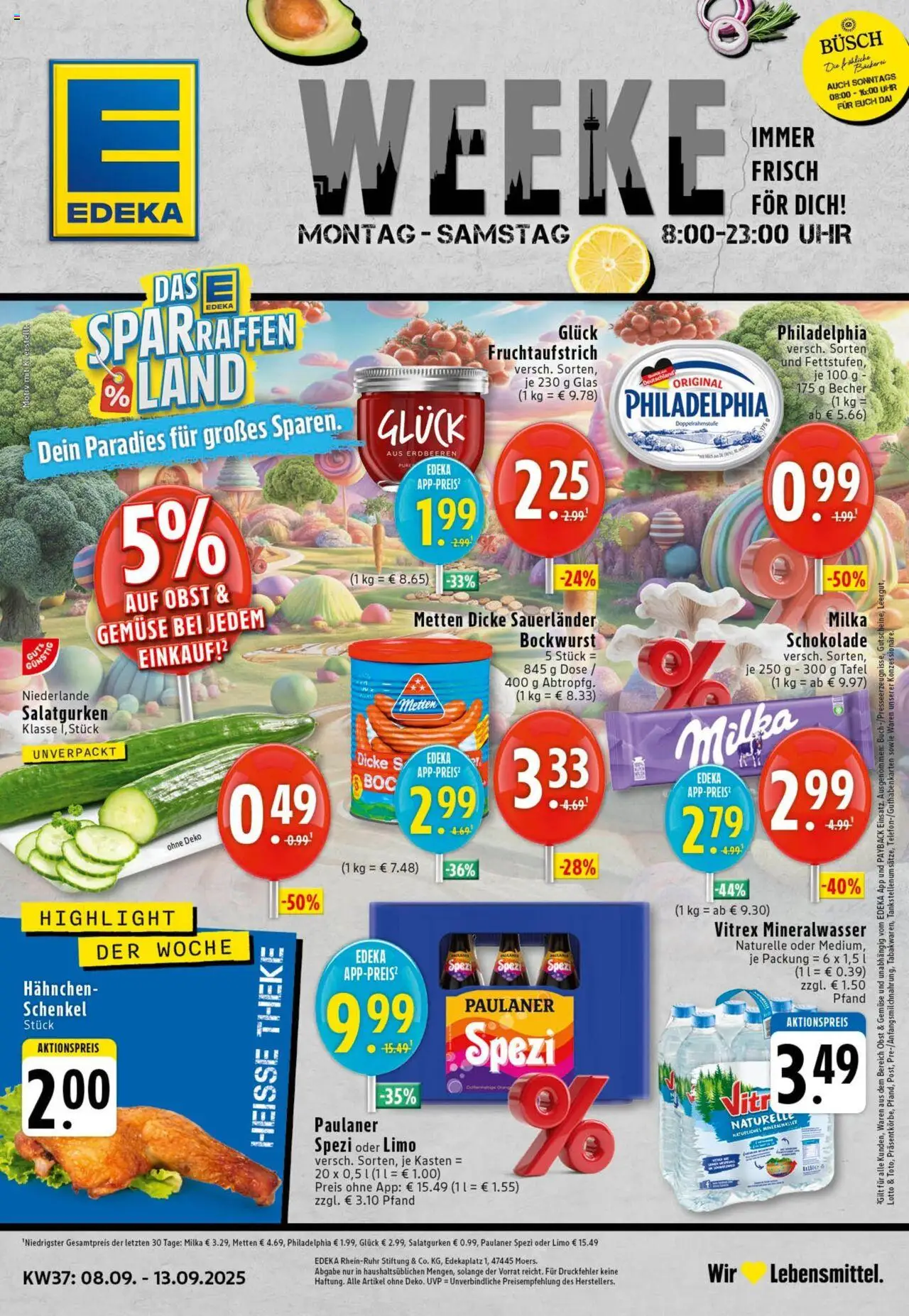 EDEKA Prospekt ab 07.09.2025 - Prospekt Köln Online - Uhr, Gemüse, Mineralwasser, Milka schokolade, Milka, Paulaner, Theke, Hahnchen