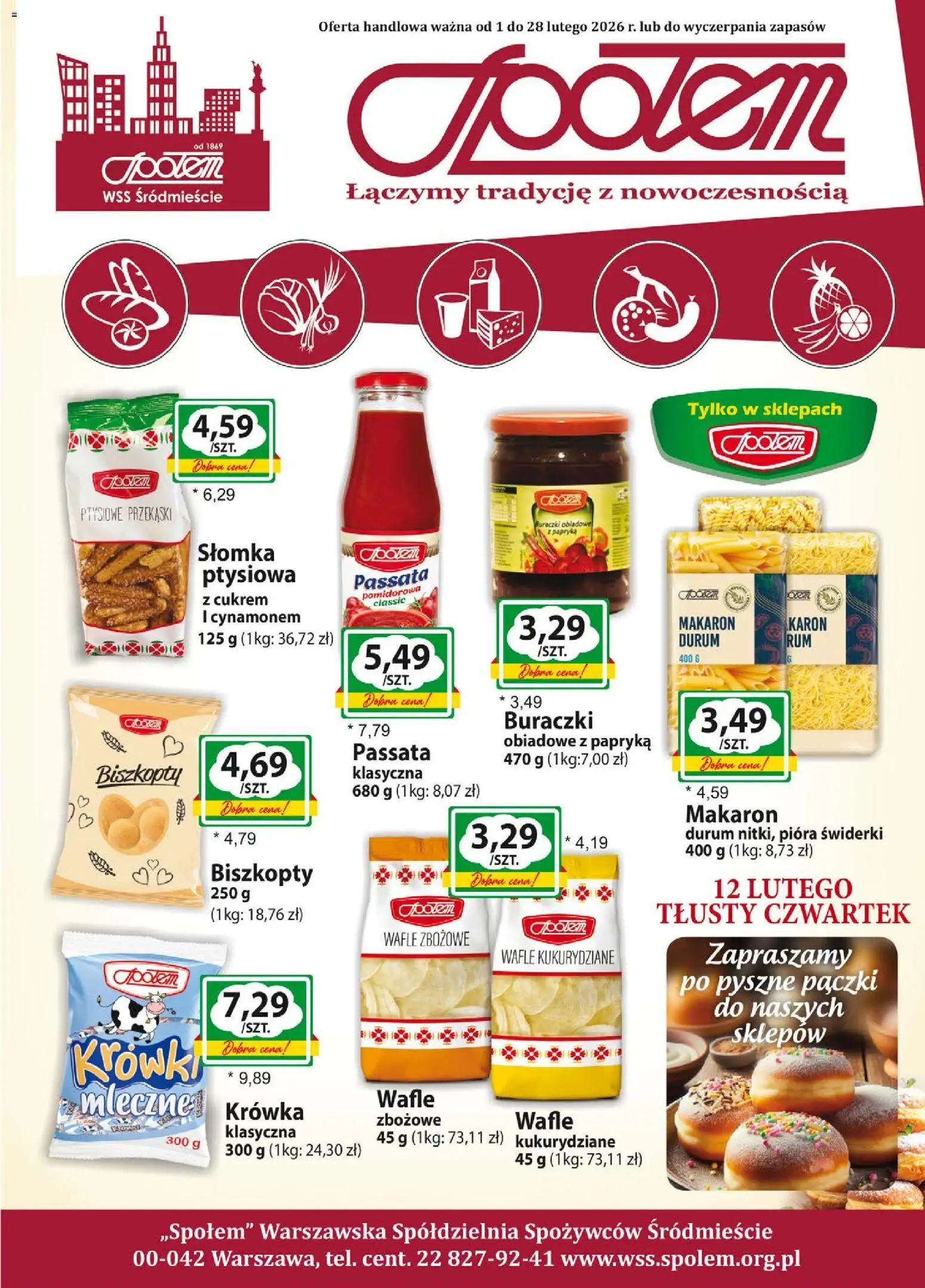 Pogląd gazetki "Gazetka" ze sklepu Społem ważnej od 01.02.2026 - Pączki, Przekąski, Papryka, Biszkopty, Passata, Wafle, Krówki, Krowka