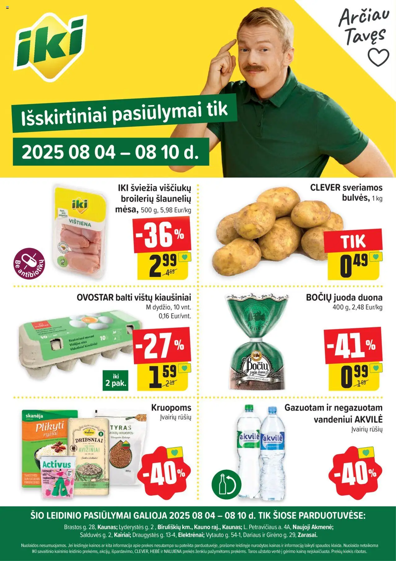 IKI leidinys galioja nuo 2025.08.04 – puslapio numeris 1 - Kiaušiniai, Duona, Vištiena, Ryžiai, Kruopos, Dribsniai