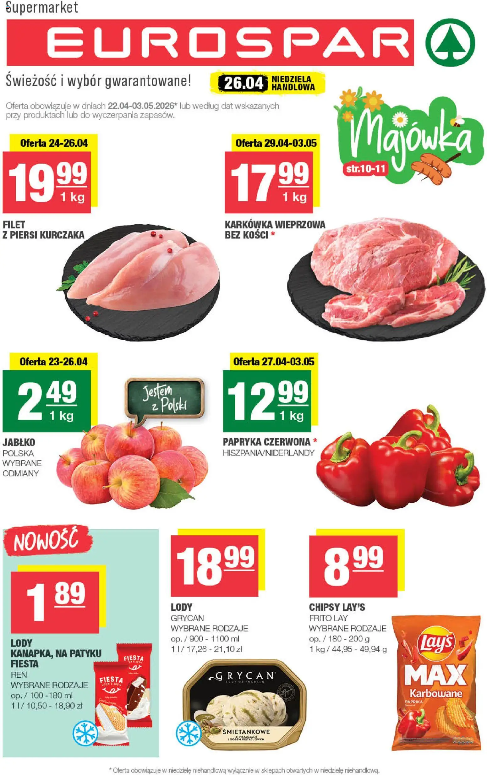 Pogląd gazetki "Spar gazetka - Eurospar" ze sklepu Spar ważnej od 22.04.2026 - Lody, Grycan, Chipsy, Piersi, Karkówka, Papryka, Filet, Papryka czerwona