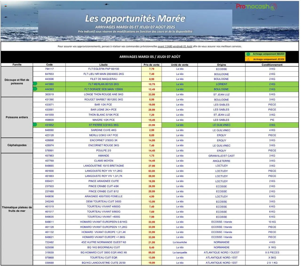 Mercuriale opportunités de la boutique Promocash valable du 05/08/2025 - Page numéro 1 - Poissons, Fruits, Jean, Thon, Sardine, Langouste, Plateau, Tourteau cuit