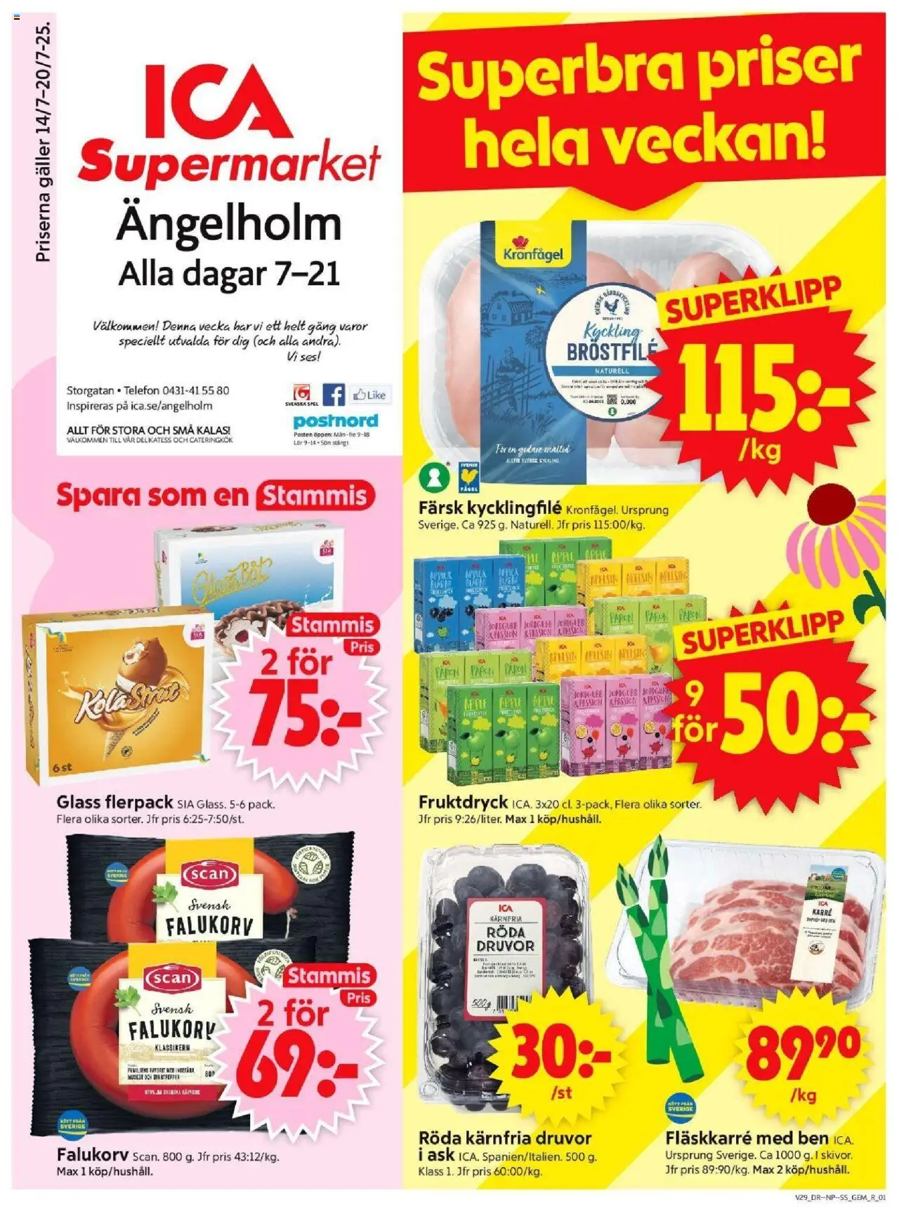 Ängelholm är giltig 14/07 2025 > Veckans Erbjudanden gäller från 14/07/2025 till 20/07/2025 sidnummer 1 - Ben, Päron, Kycklingfile, Galler, Kyckling, Glass, Telefon, Spel