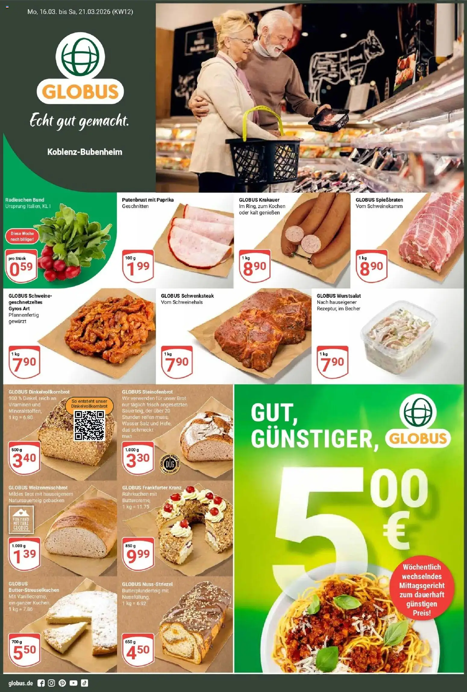 Vorschau von dem Prospekt des Geschäftes Globus, gültig ab dem 15.03.2026 - Wasser, Gyros, Brot, Paprika, Vollkornbrot, Salz, Putenbrust