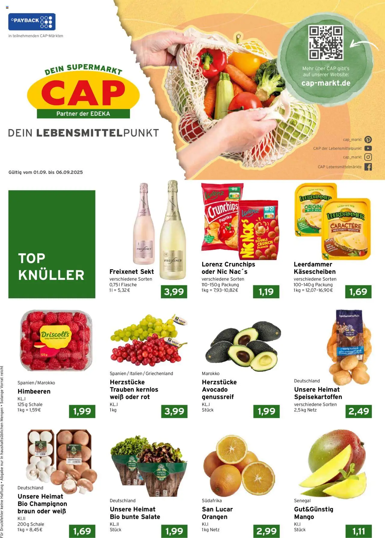 CAP Markt Prospekt (vom 01.09.2025 - 06.09.2025) - Mango, Himbeeren, Paprika, Sekt, Freixenet, Orangen, Leerdammer, Lorenz crunchips