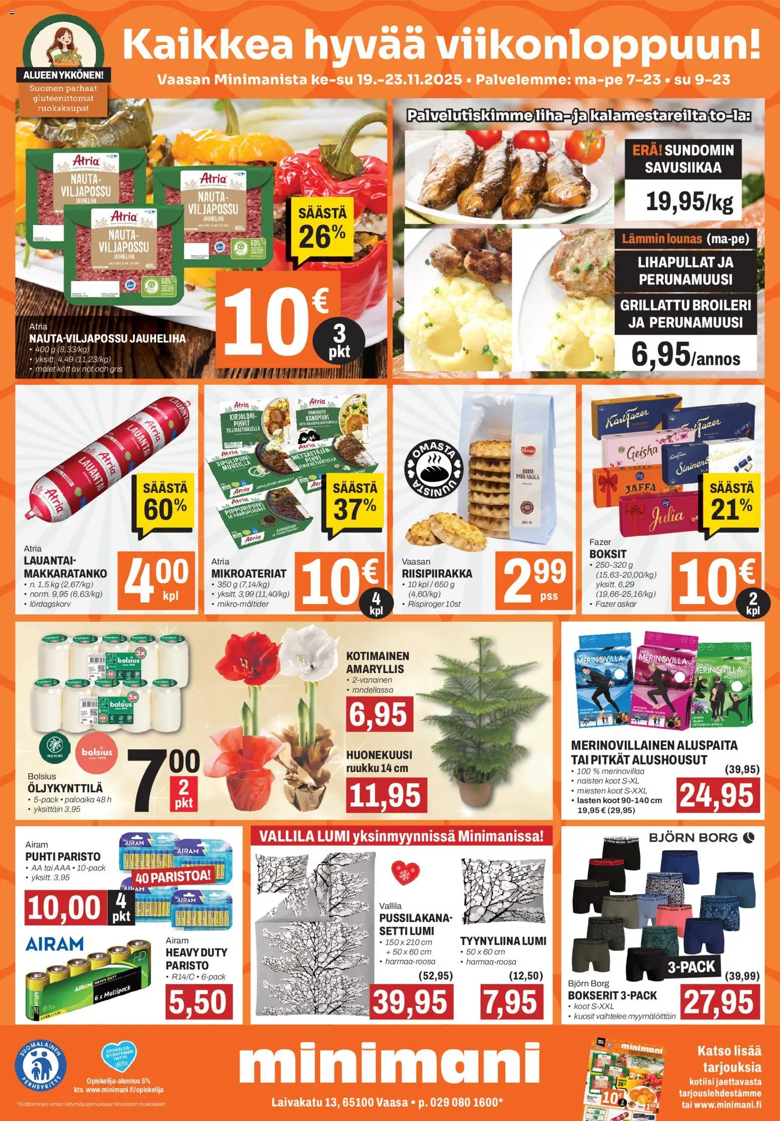 Kaupan Minimani Tarjoukset - Vaasa esikatselu, voimassa 19/11/2025 - Jauheliha, Piirakka, Housut, Pihvi, Alushousut, Bokserit, Tyynyliina