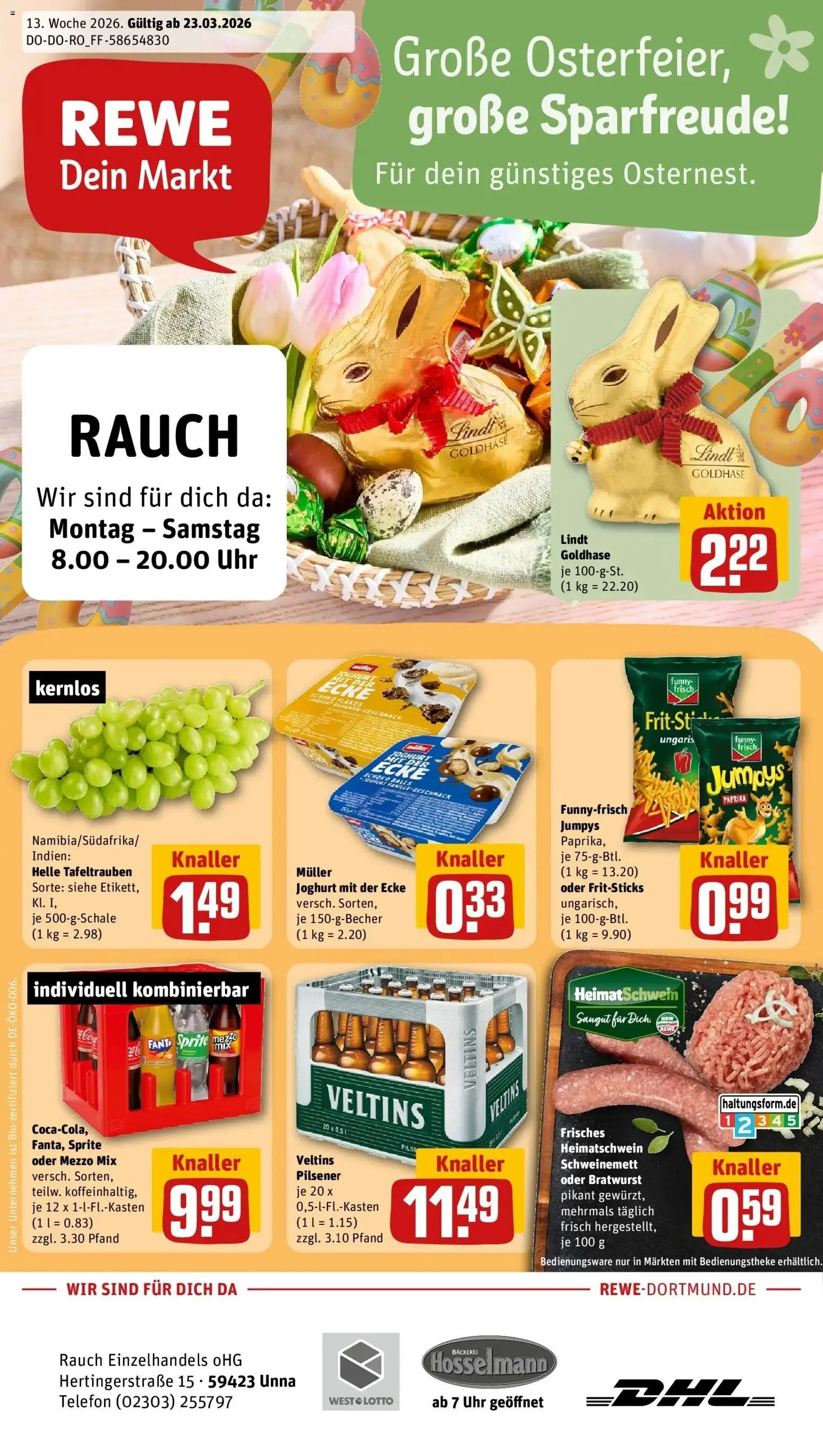 Vorschau von dem Prospekt des Geschäftes Rewe, gültig ab dem 23.03.2026 - Bäckerei, Uhr, Telefon, Bratwurst, Paprika, Veltins, Sprite, Oder mezzo mix