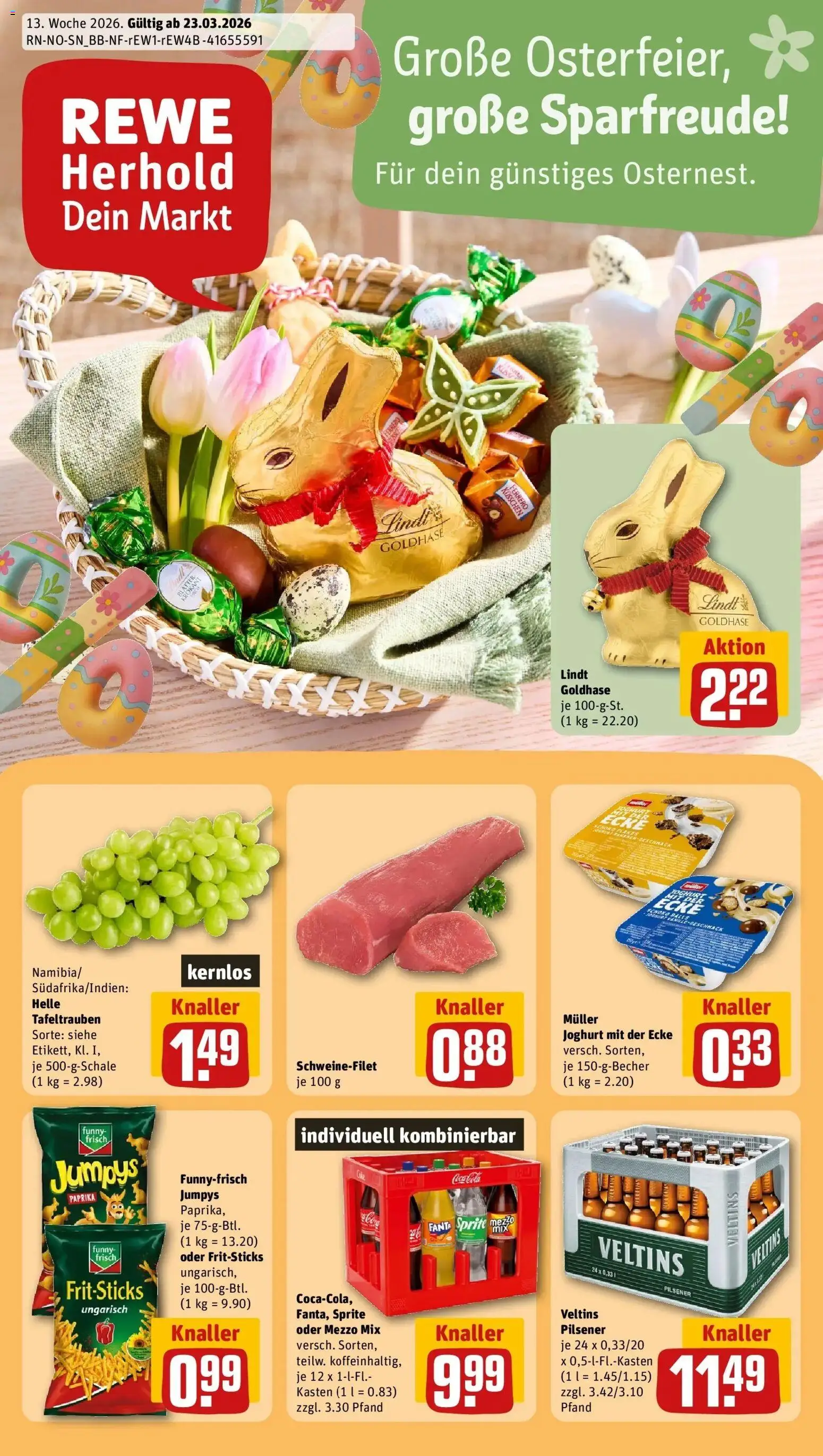 Vorschau von dem Prospekt des Geschäftes Rewe, gültig ab dem 23.03.2026 - Chips, Coca cola, Lindt, Joghurt, Schweinefilet, Fanta, Sprite, Mezzo mix