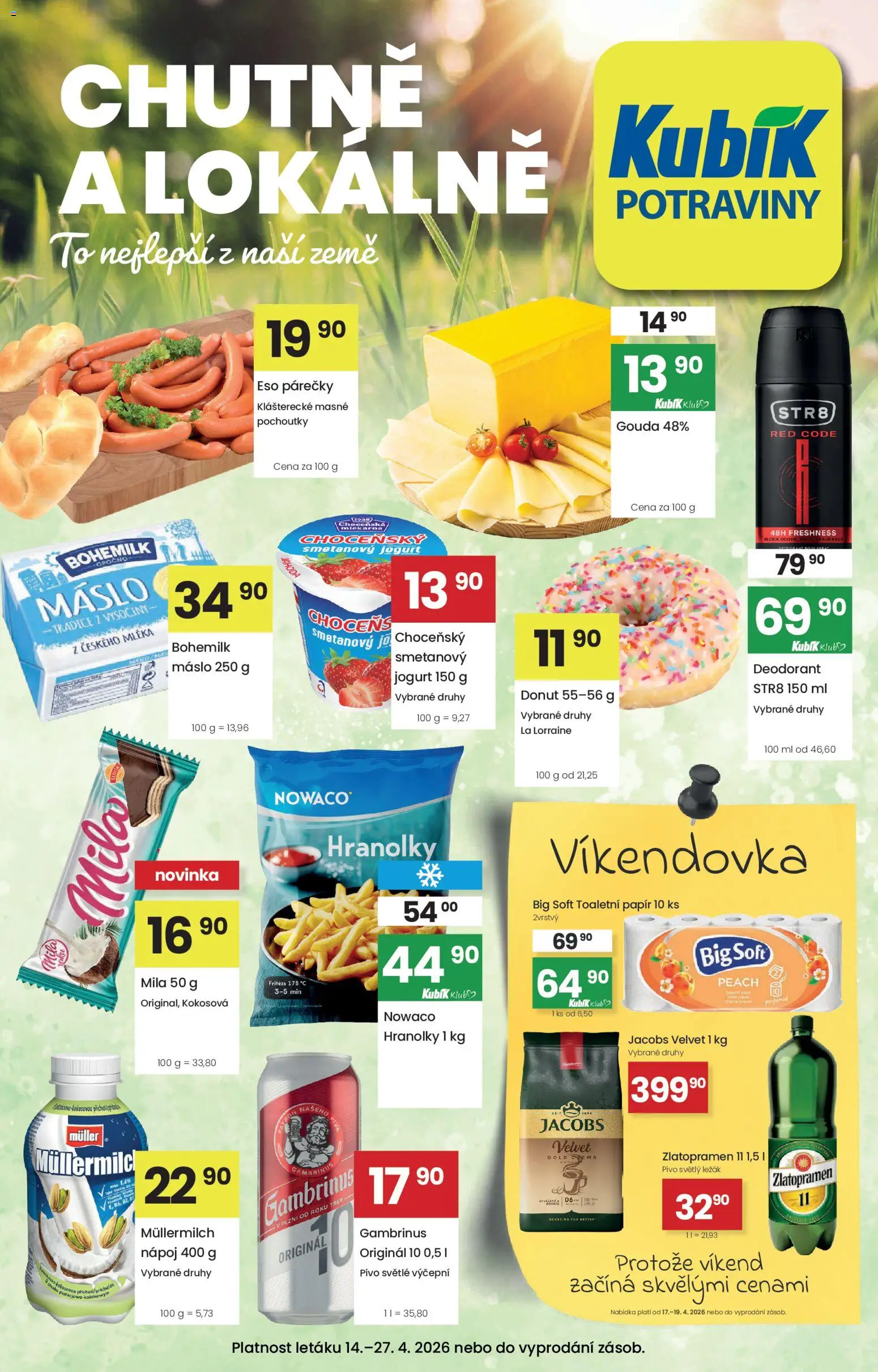 Náhled nabídky: Kubík Kubík leták platný od 14.04.2026 - Pivo, Deodorant, Hranolky, Toaletní papír, Gambrinus, Fritéza, Mila, Zlatopramen