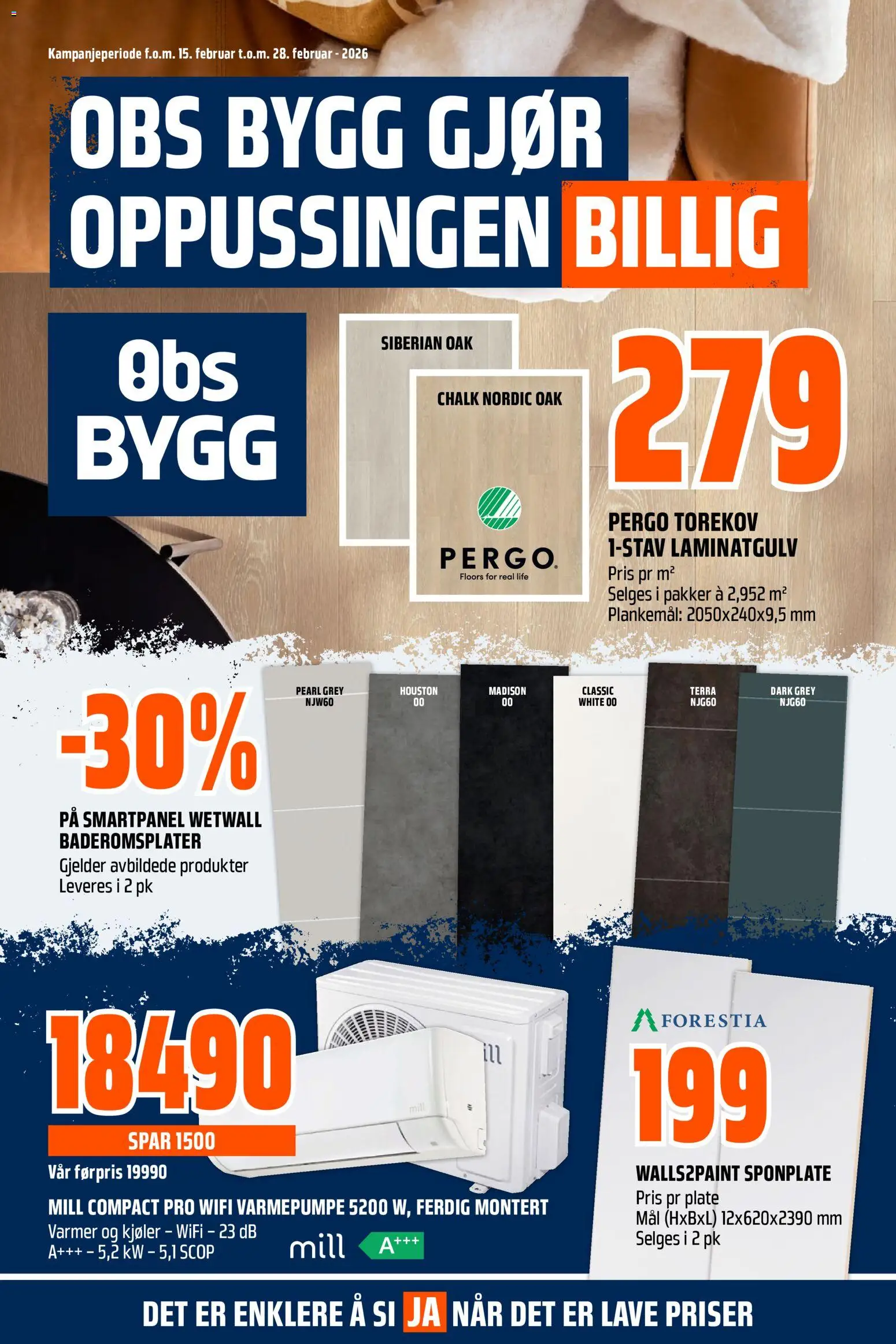 Forhåndsvis Kundeavis fra butikk Obs Bygg gyldig fra 15/02/2026 - Laminatgulv, Varmepumpe, Plate