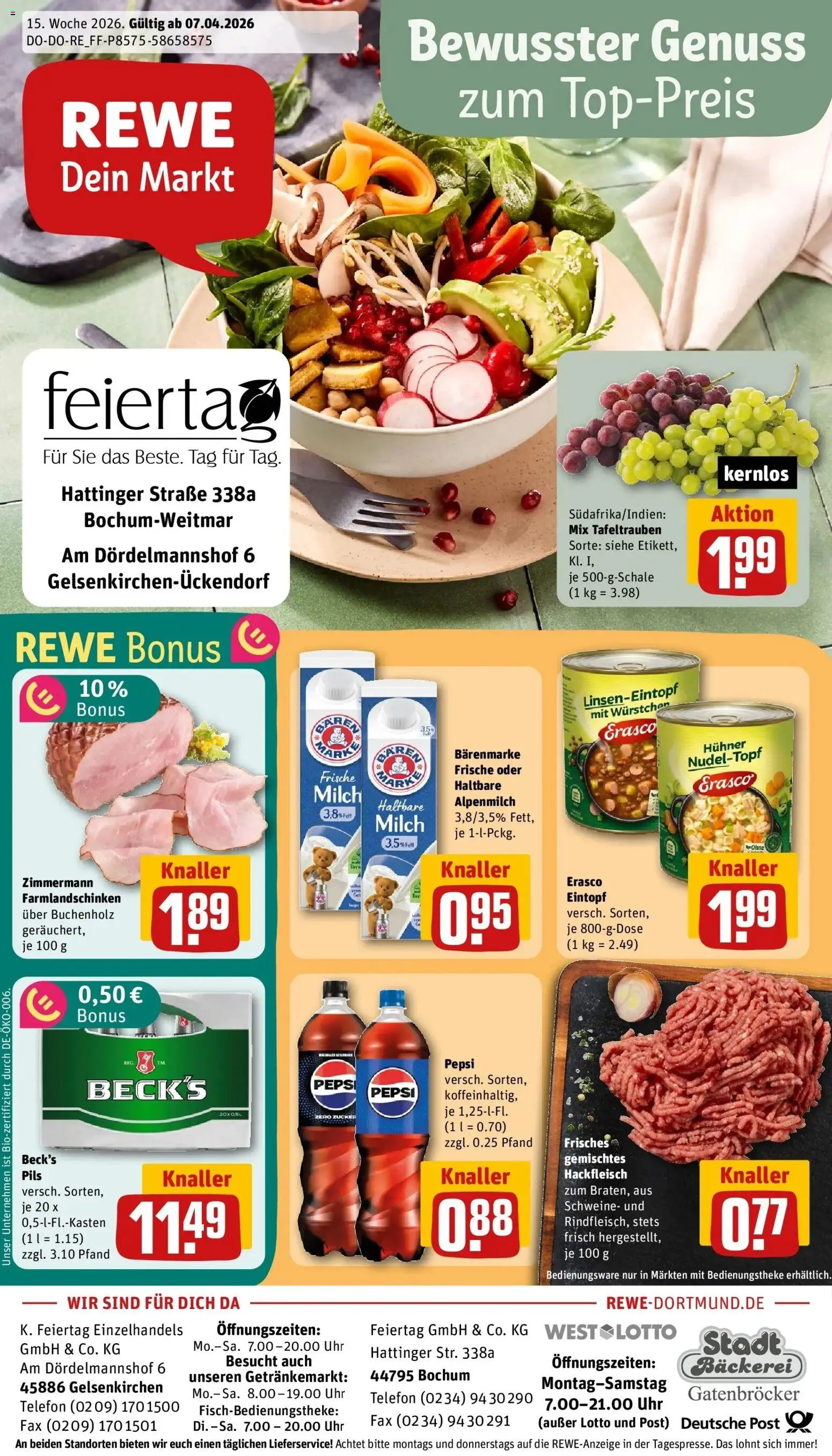 Vorschau von dem Prospekt des Geschäftes Rewe, gültig ab dem 05.04.2026 - Bäckerei, Uhr, Telefon, Milch, Hackfleisch, Zucker, Pepsi, Pils