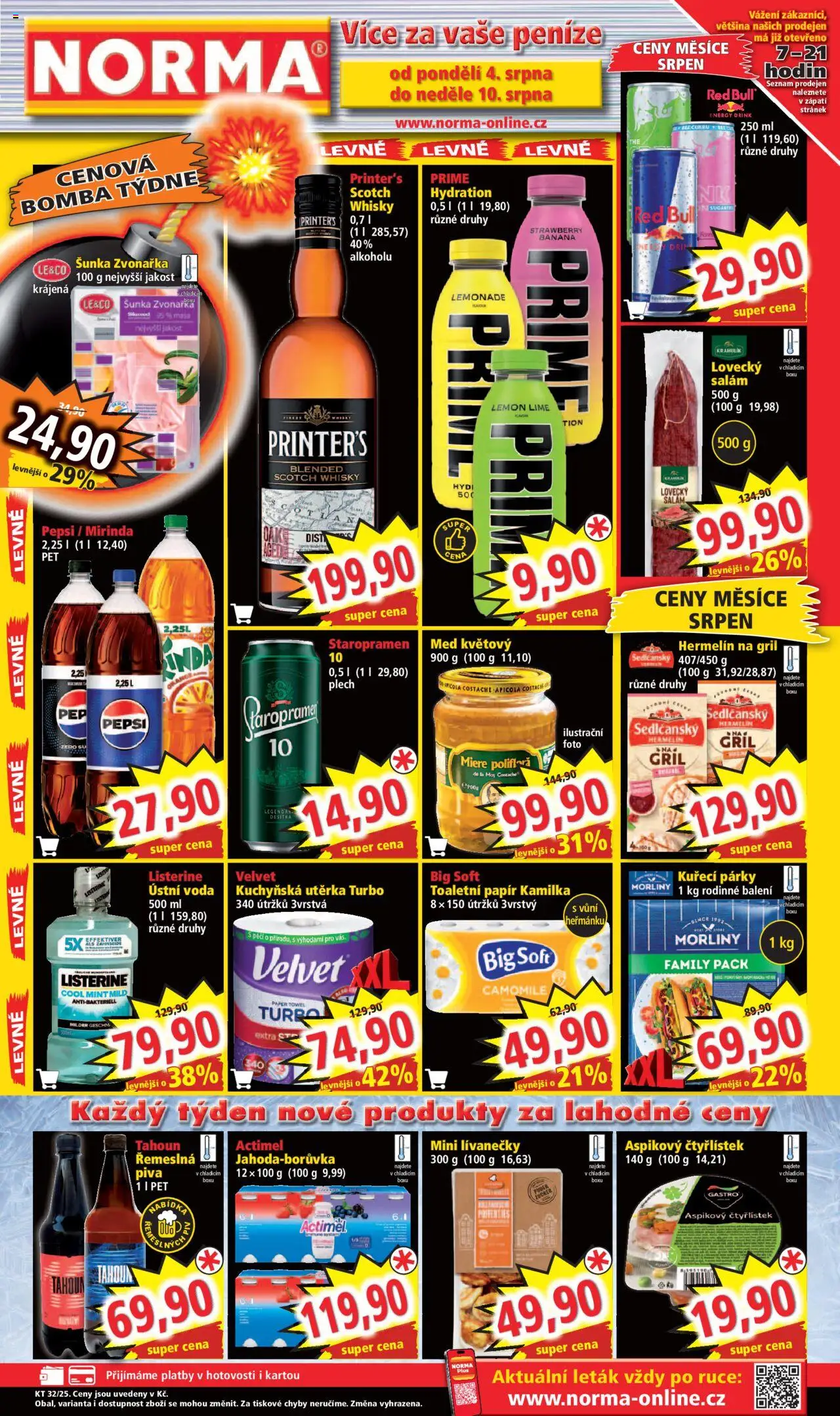  Norma Leták (04.08.2025) příští týden - Akční leták - Whisky, Pepsi, Toaletní papír, Salám, Energy drink, Párky, Plech, Ústní voda