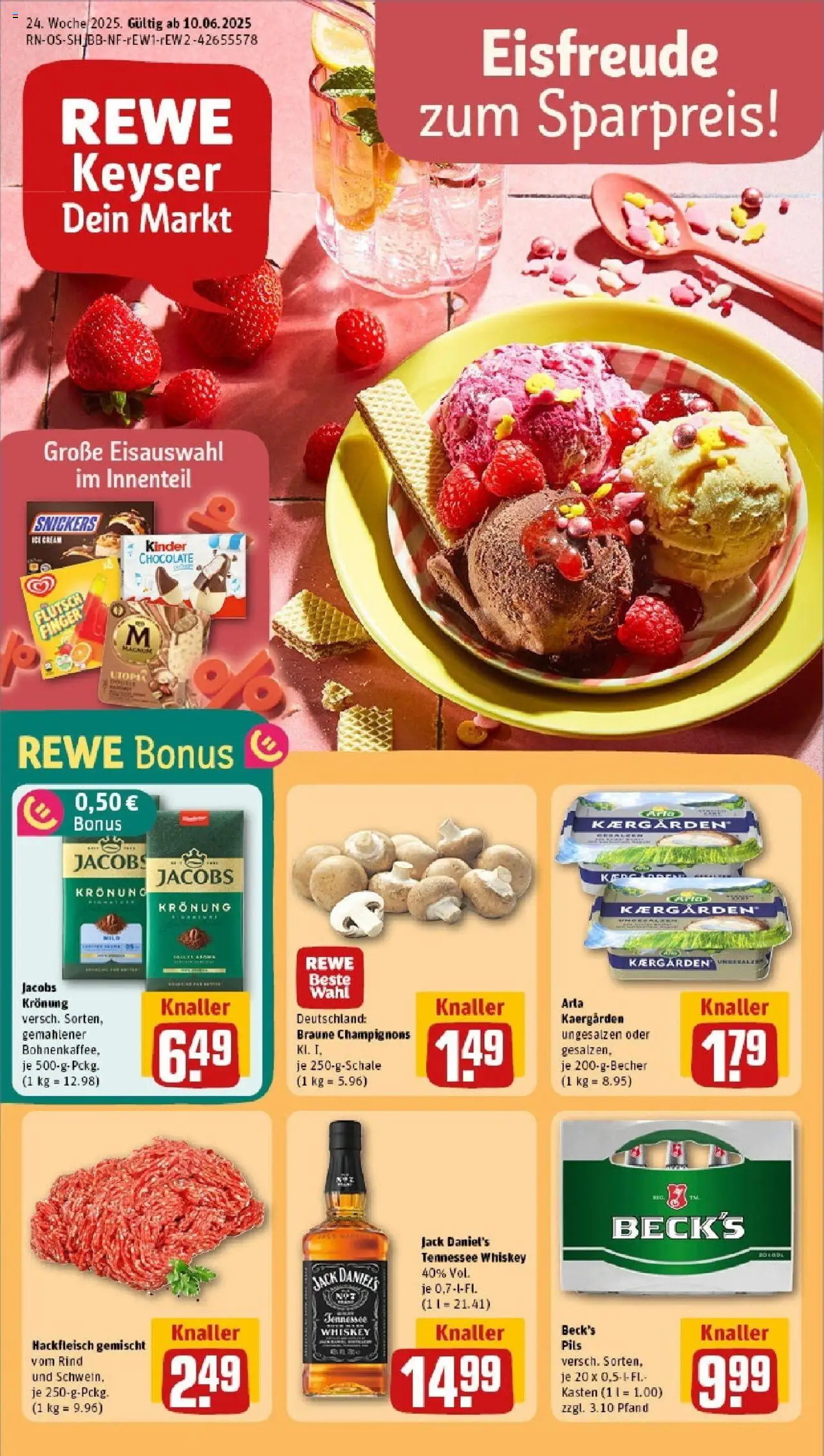 REWE Prospekt ab 08.06.2025 nächste Woche - Prospekt Radebeul (Löma-Center) - Butter, Hackfleisch, Champignons, Snickers, Whiskey, Pils, Jack Daniel's
