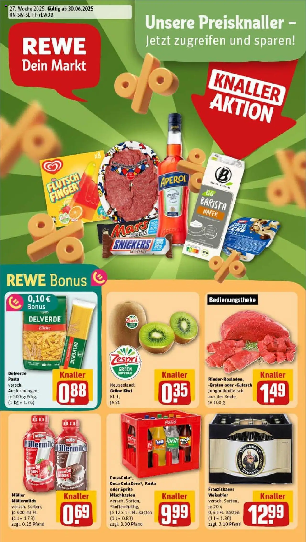 REWE Prospekt ab 29.06.2025 nächste Woche - Prospekt Saarlouis/Lisdorf - Aperol, Gulasch, Kiwi, Mars, Müllermilch, Sprite, Franziskaner, Weißbier