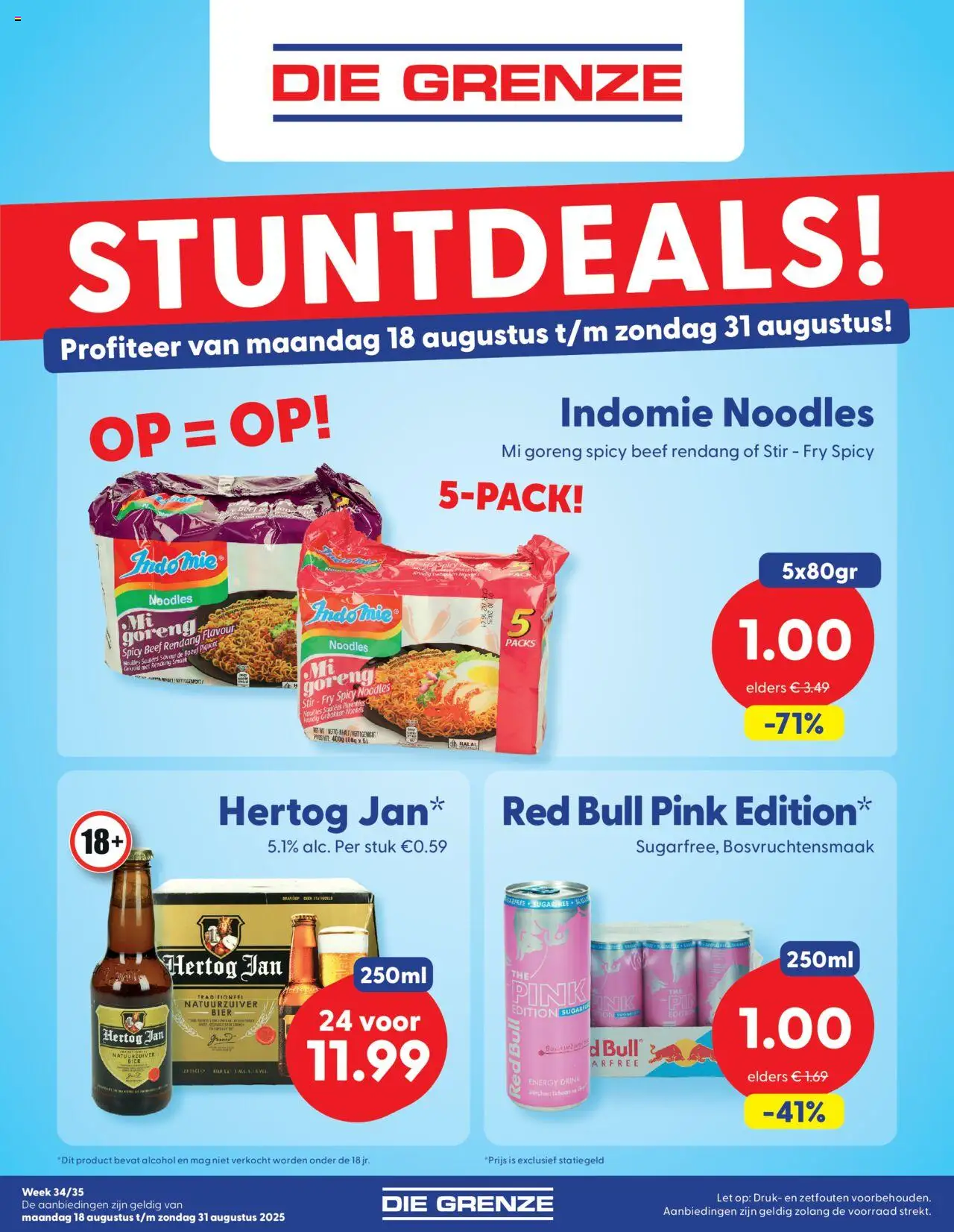 Die Grenze shop Folder week 34/35 geldig vanaf 18-08-2025 - Paginanummer 1 - Bier, Red Bull, Alcohol, Noedels, Geluid