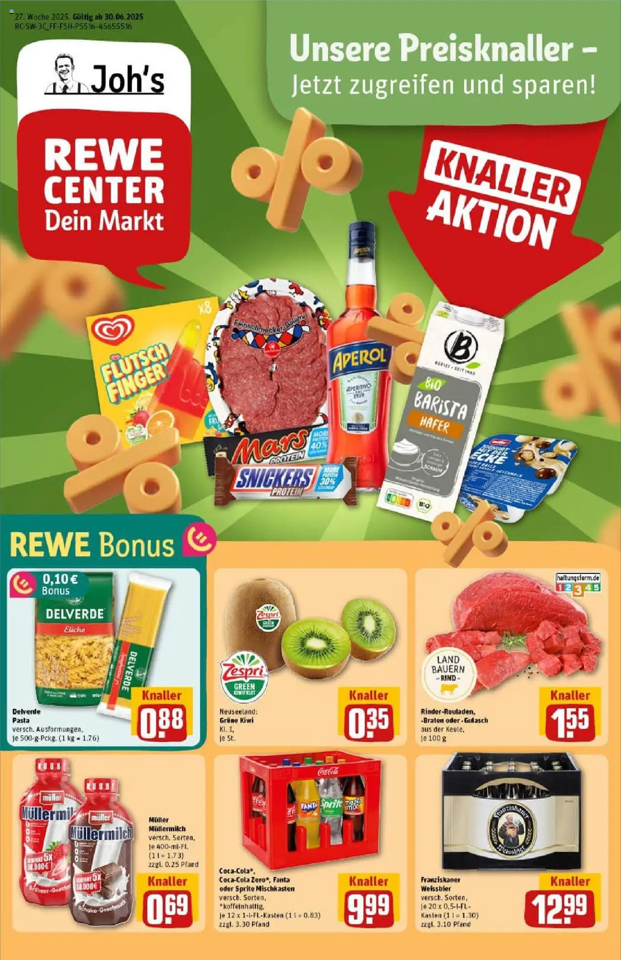 REWE Prospekt ab 29.06.2025 nächste Woche - Prospekt Mannheim - Pasta, Aperol, Gulasch, Kiwi, Mars, Snickers, Müllermilch, Weißbier