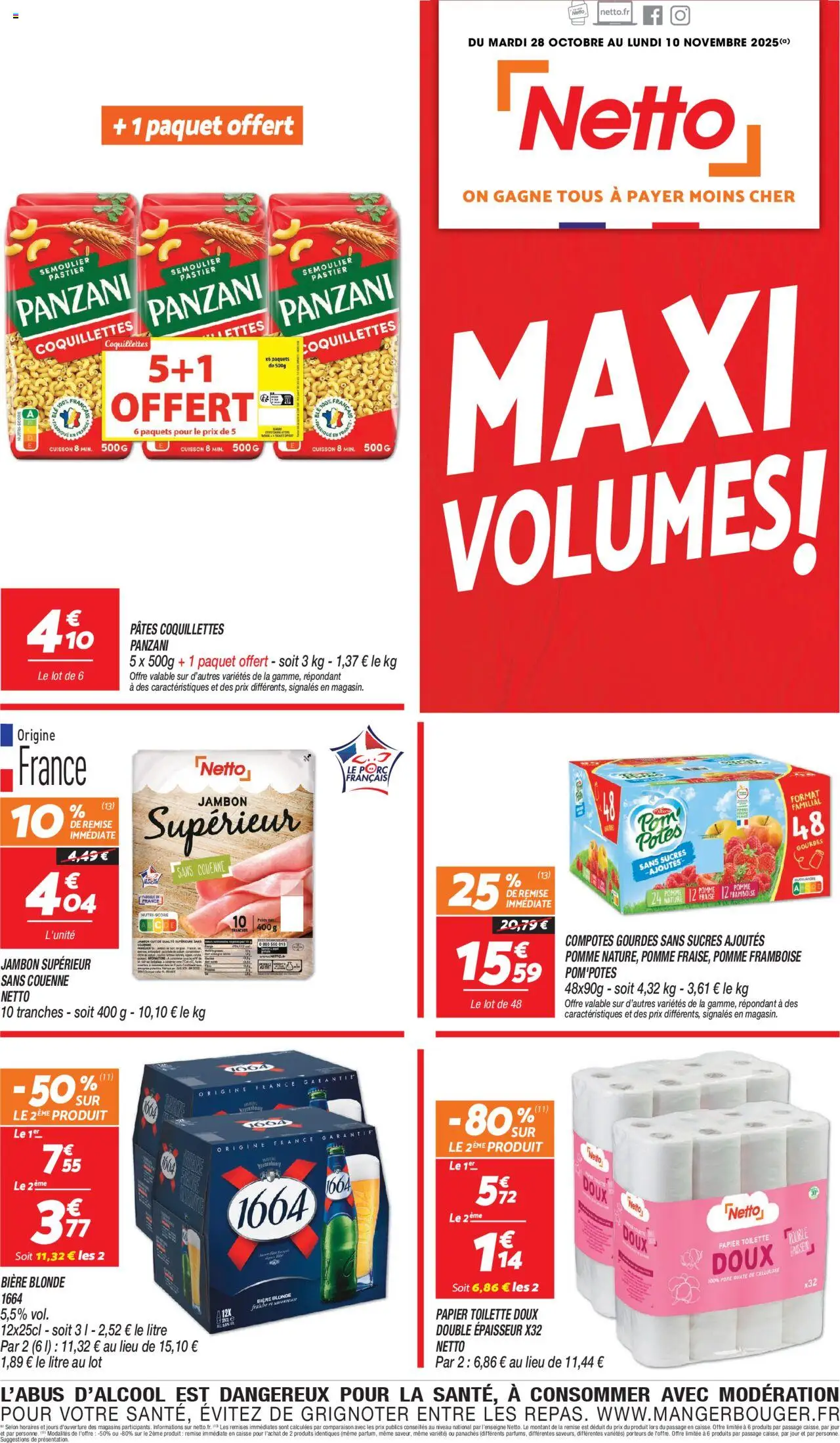 Prévisualisation de Catalogue du magasin Netto formulaire valide 28/10/2025 - Pomme, Bière, Jambon, Framboise, Coquillettes, Papier toilette, Bière blonde, Pom'potes