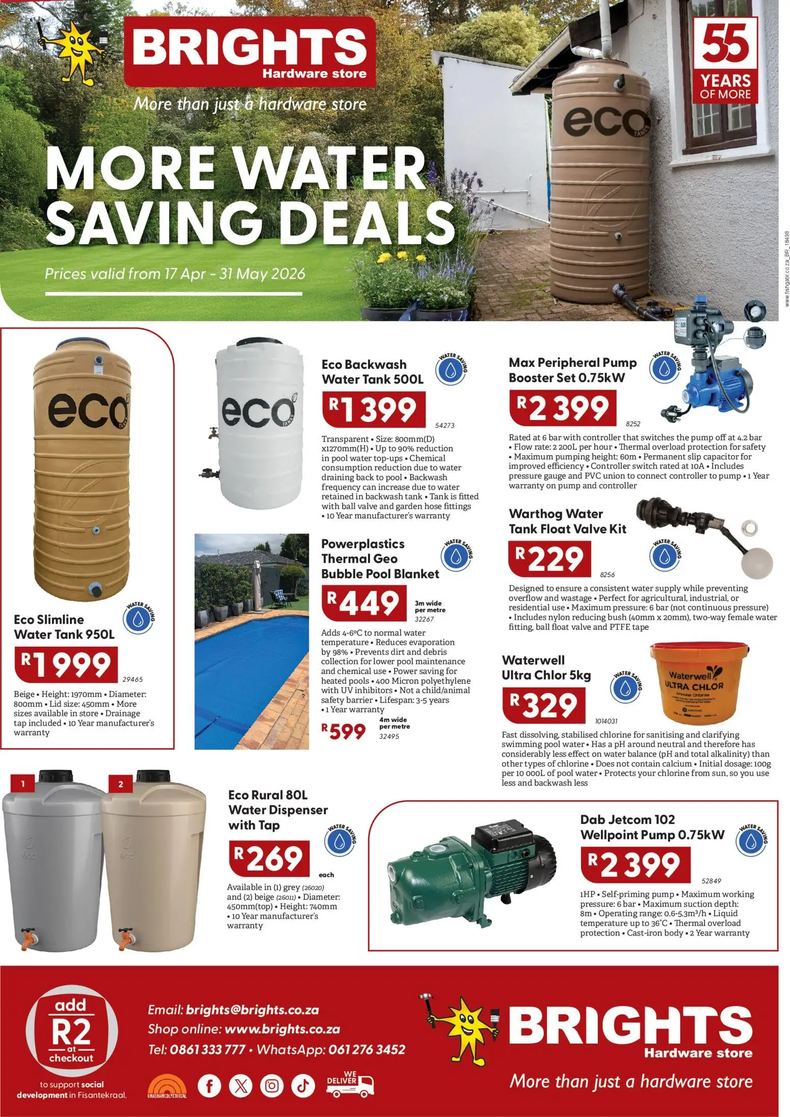 Preview of Brights Hardware flyer valid from 17/04/2026 - Water, Tape, Switch, Blanket, Tank, Valve, Pressure gauge, Garden hose