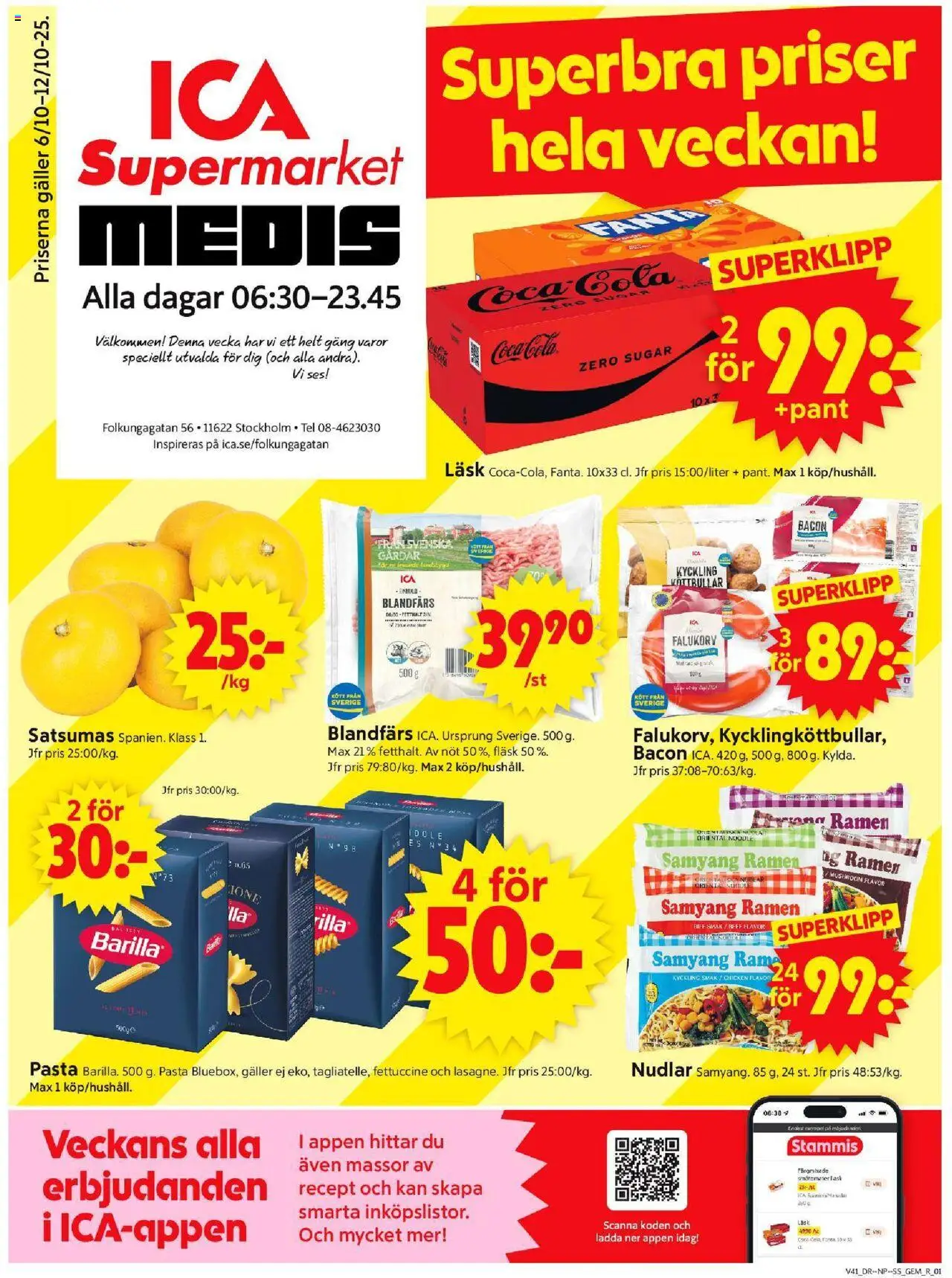 Stockholm är giltig 06/10 2025 > Veckans Erbjudanden gäller från 06/10/2025 till 12/10/2025 sidnummer 1 - Pasta, Coca cola, Gem, Bacon, Galler, Fläsk, Blandfärs, Kyckling