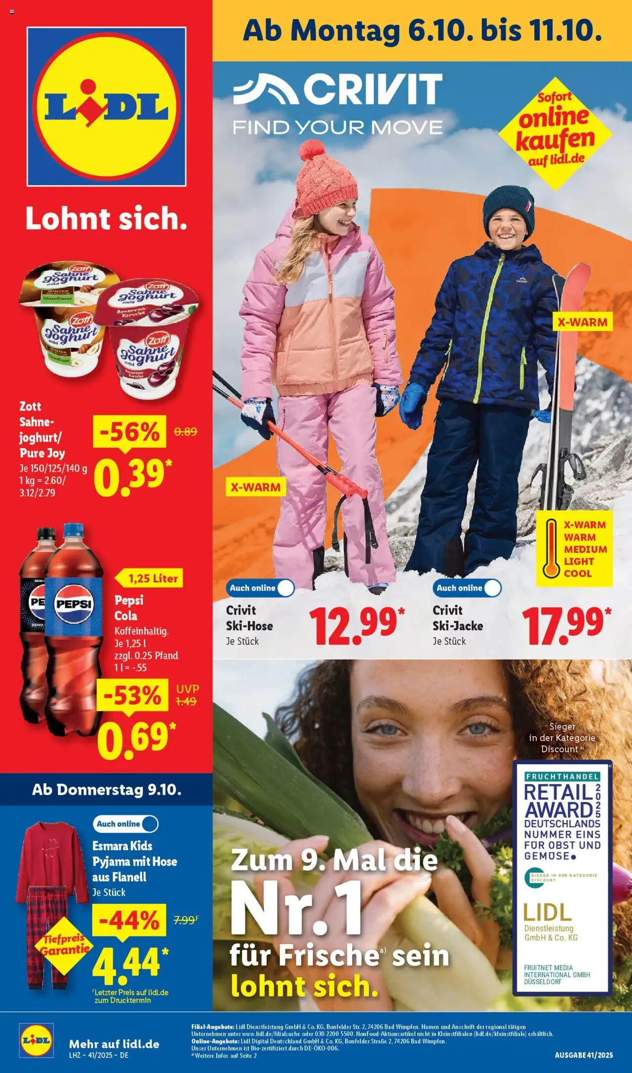 LIDL Prospekt ab Montag 06.10.2025 > Prospekt Zossen - Bad, Cola, Joghurt, Gemüse, Obst, Hose, Sahne, Pepsi