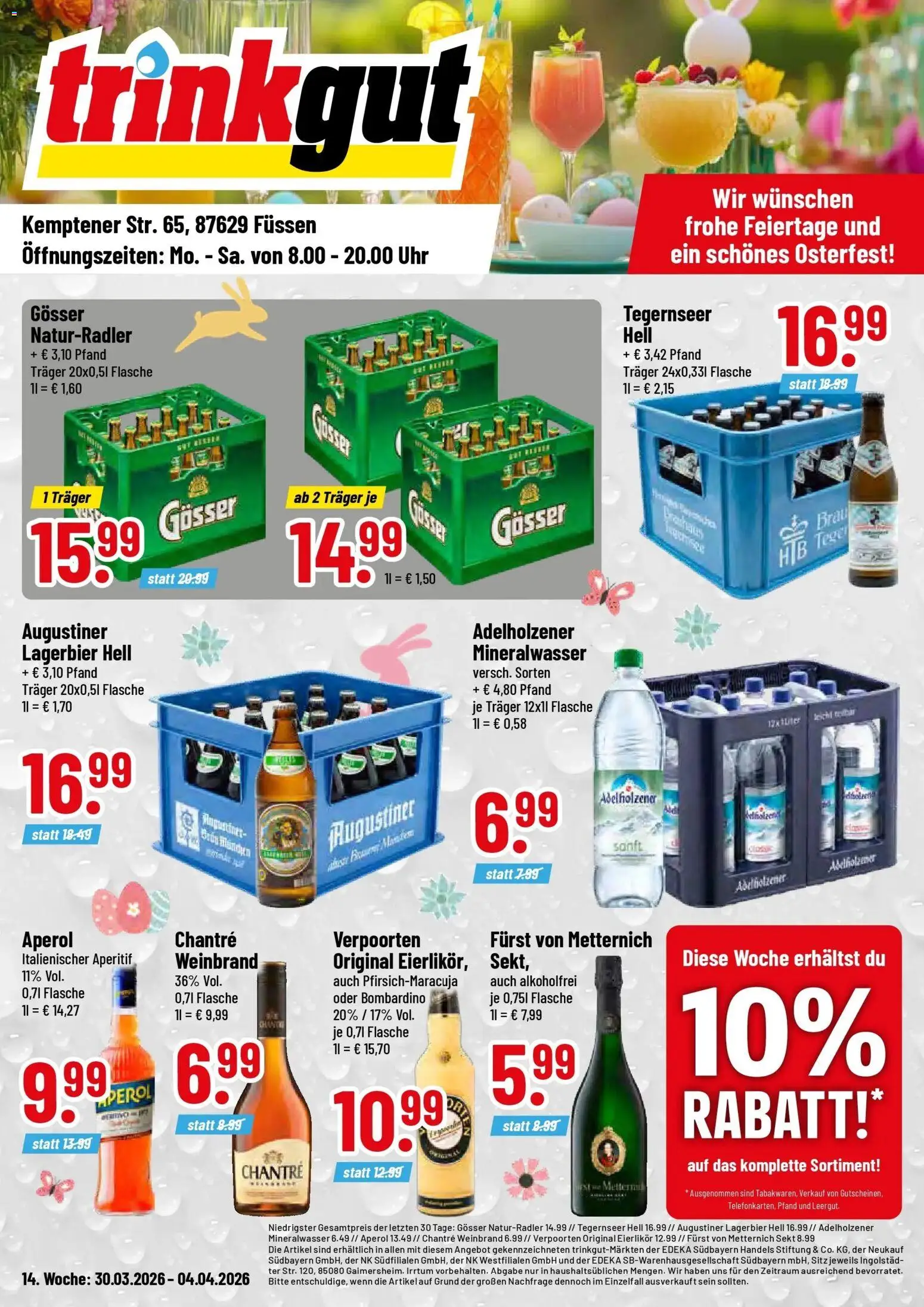 Vorschau von dem Prospekt des Geschäftes Trinkgut, gültig ab dem 30.03.2026 - Uhr, Aperol, Mineralwasser, Sekt, Adelholzener, Chantré, Furst von metternich