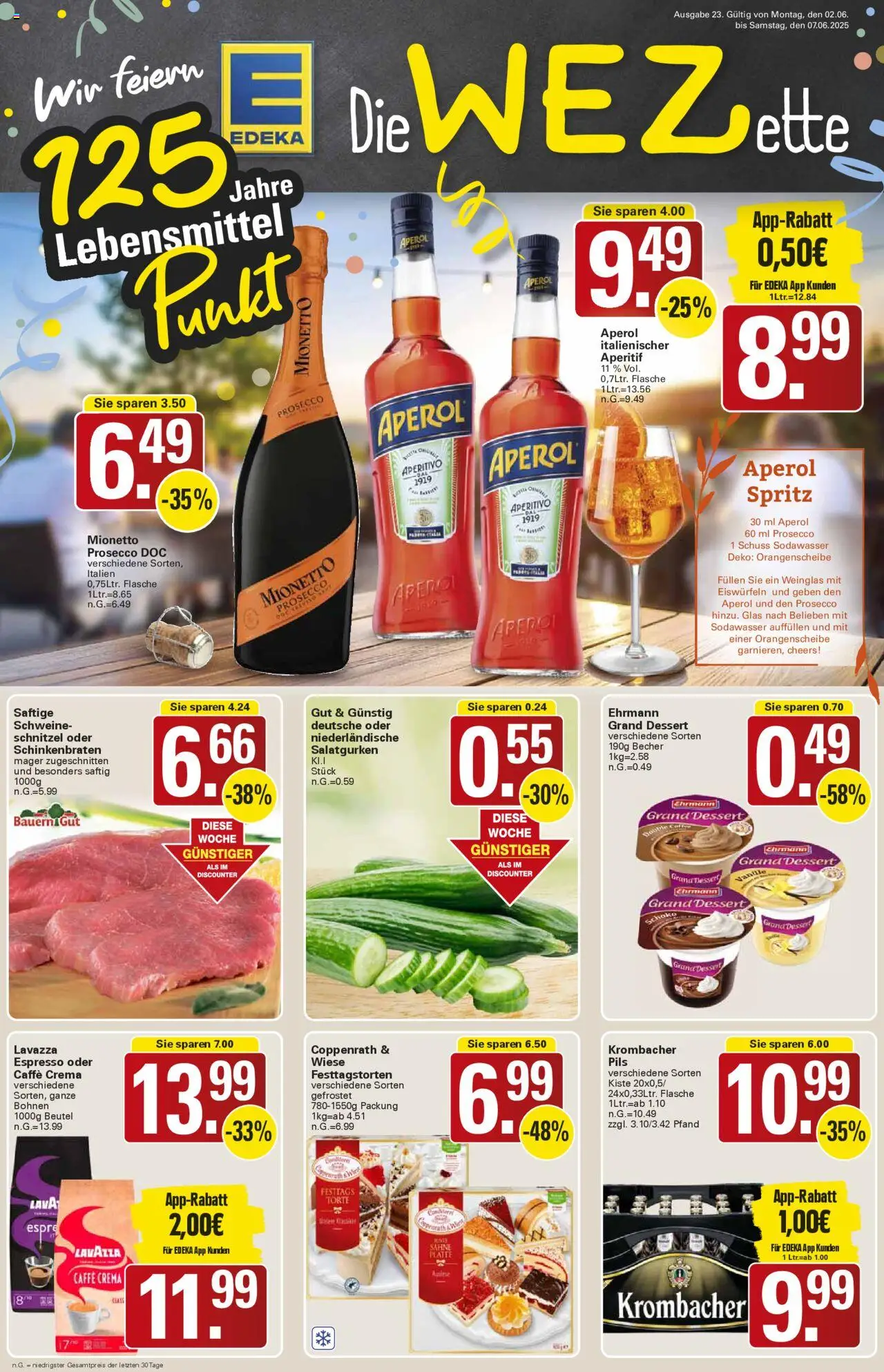WEZ Prospekt (vom 02.06.2025 - 07.06.2025) - Schnitzel, Aperol, Krombacher, Prosecco, Lavazza, Sahne, Vanille, Ehrmann grand dessert