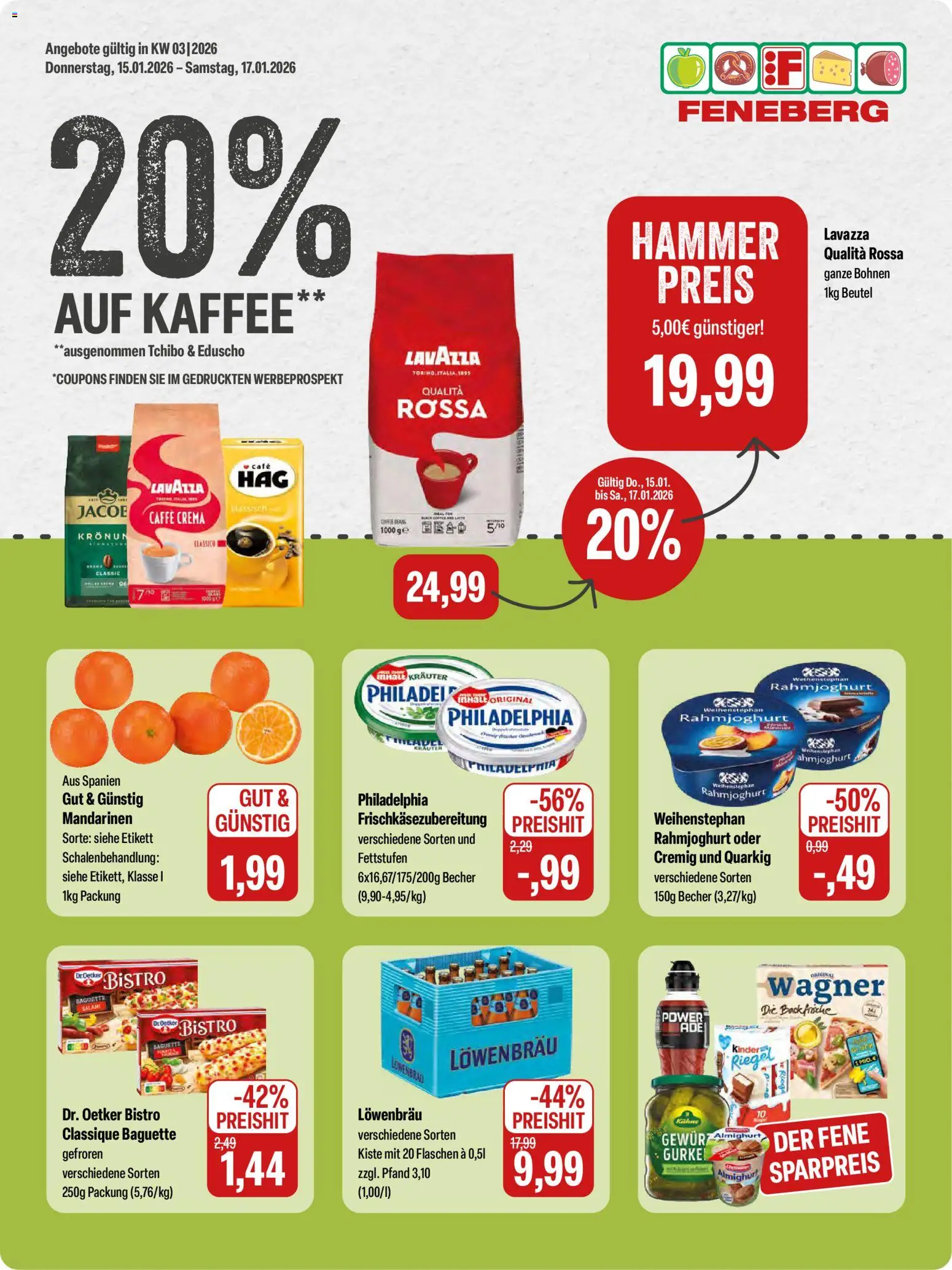 Vorschau von dem Prospekt des Geschäftes Feneberg, gültig ab dem 15.01.2026 - Kaffee, Philadelphia, Baguette, Lavazza, Salami, Mandarinen, Eduscho
