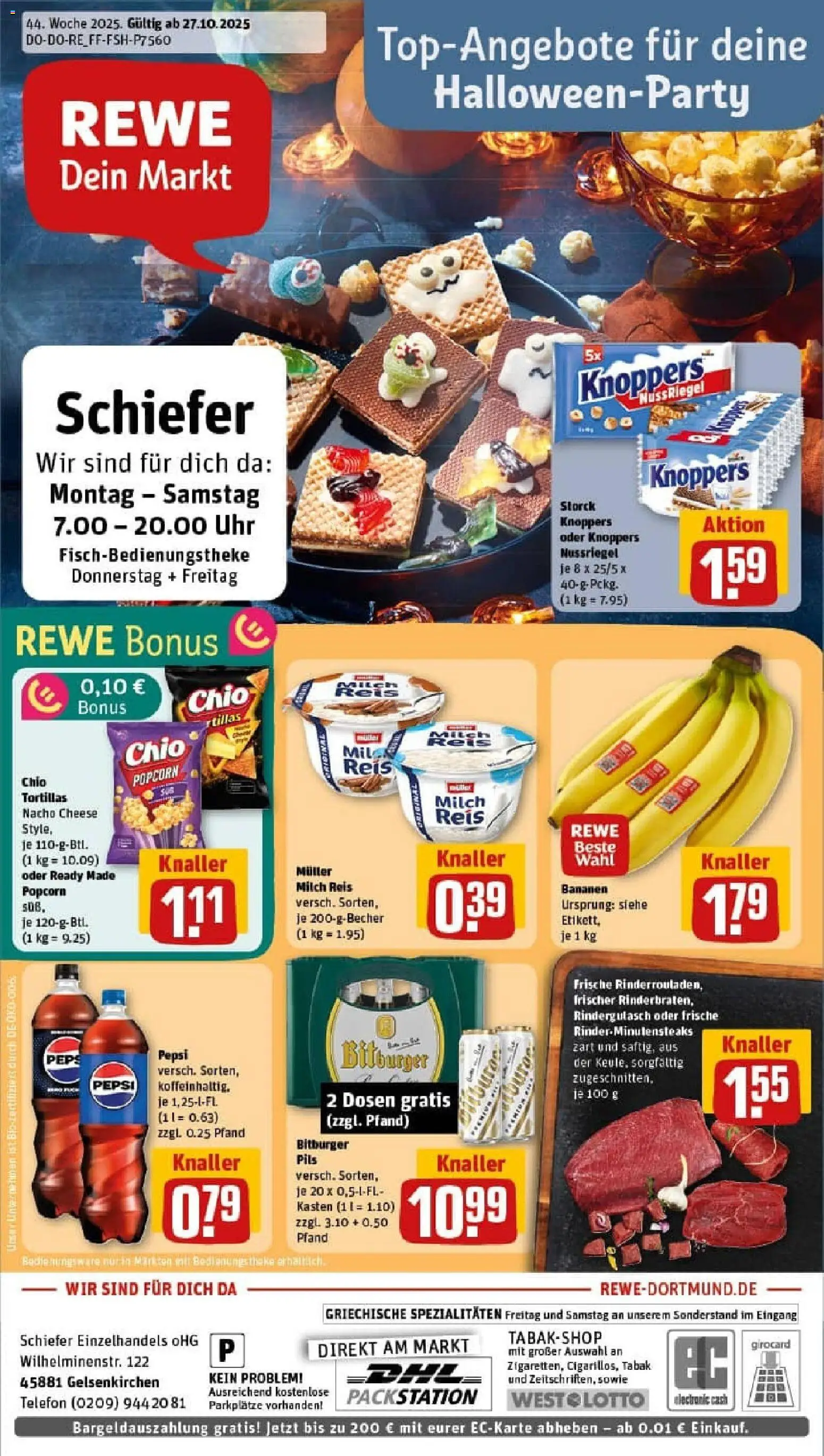 Vorschau von dem Prospekt des Geschäftes Rewe, gültig ab dem 26.10.2025 - Uhr, Telefon, Tortillas, Reis, Knoppers, Bitburger, Spezialitäten, Chio tortillas