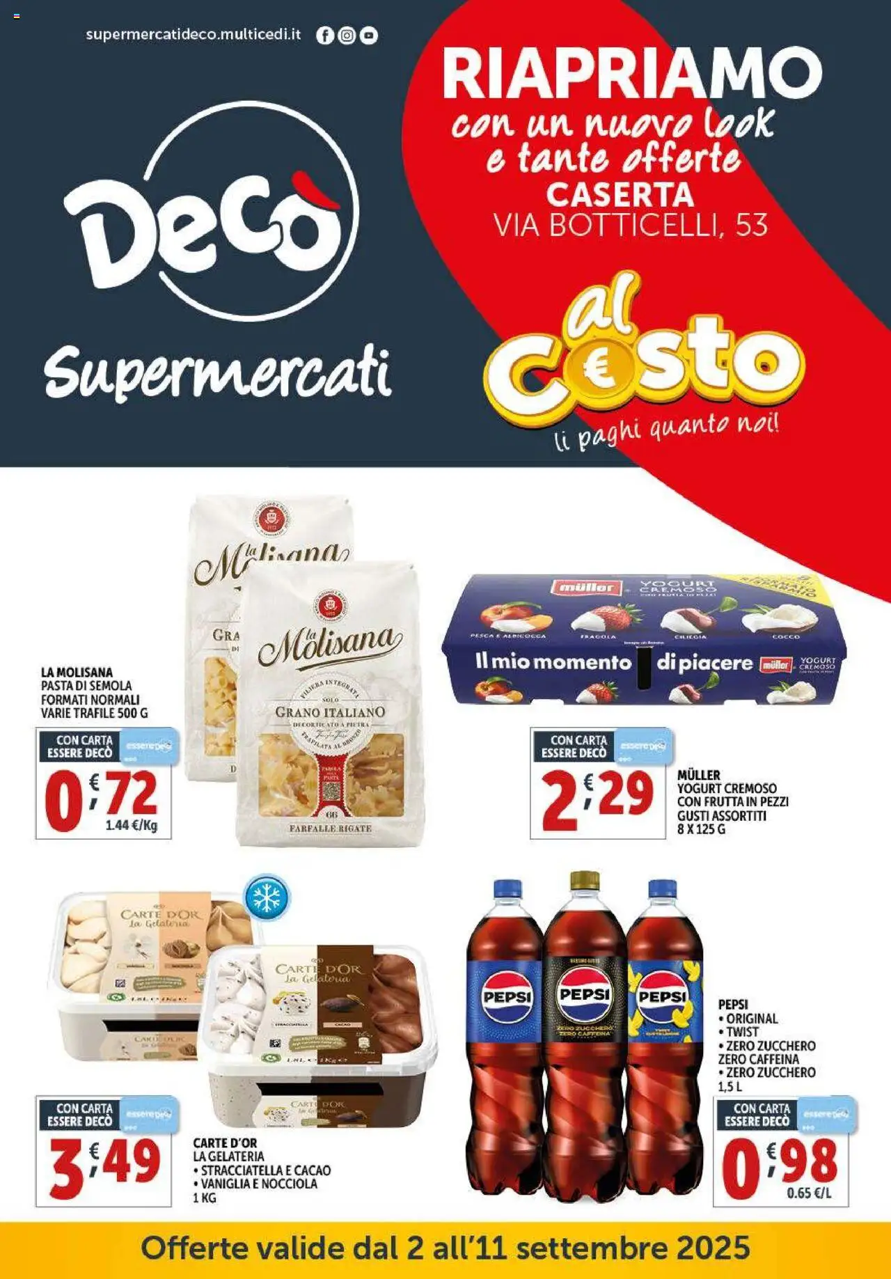 Volantino Decò valido da 02/09/2025 numero di pagina 1 - Pasta, Zucchero, Frutta, Yogurt, Cacao, Pepsi, Semola, Yogurt cremoso