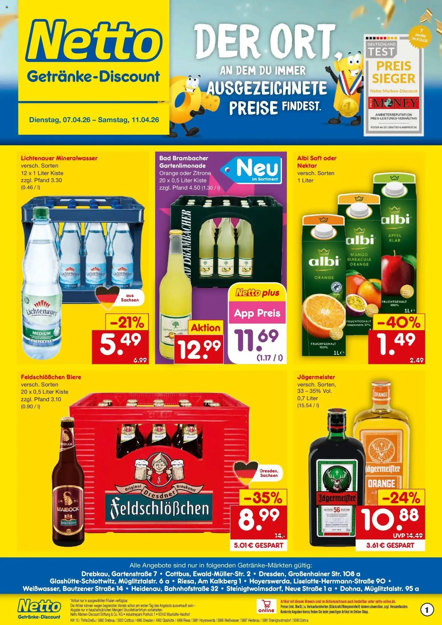 Vorschau von dem Prospekt des Geschäftes Netto Marken-Discount, gültig ab dem 07.04.2026 - Mango, Äpfel, Bad, Jägermeister, Mineralwasser, Zitrone, Saft