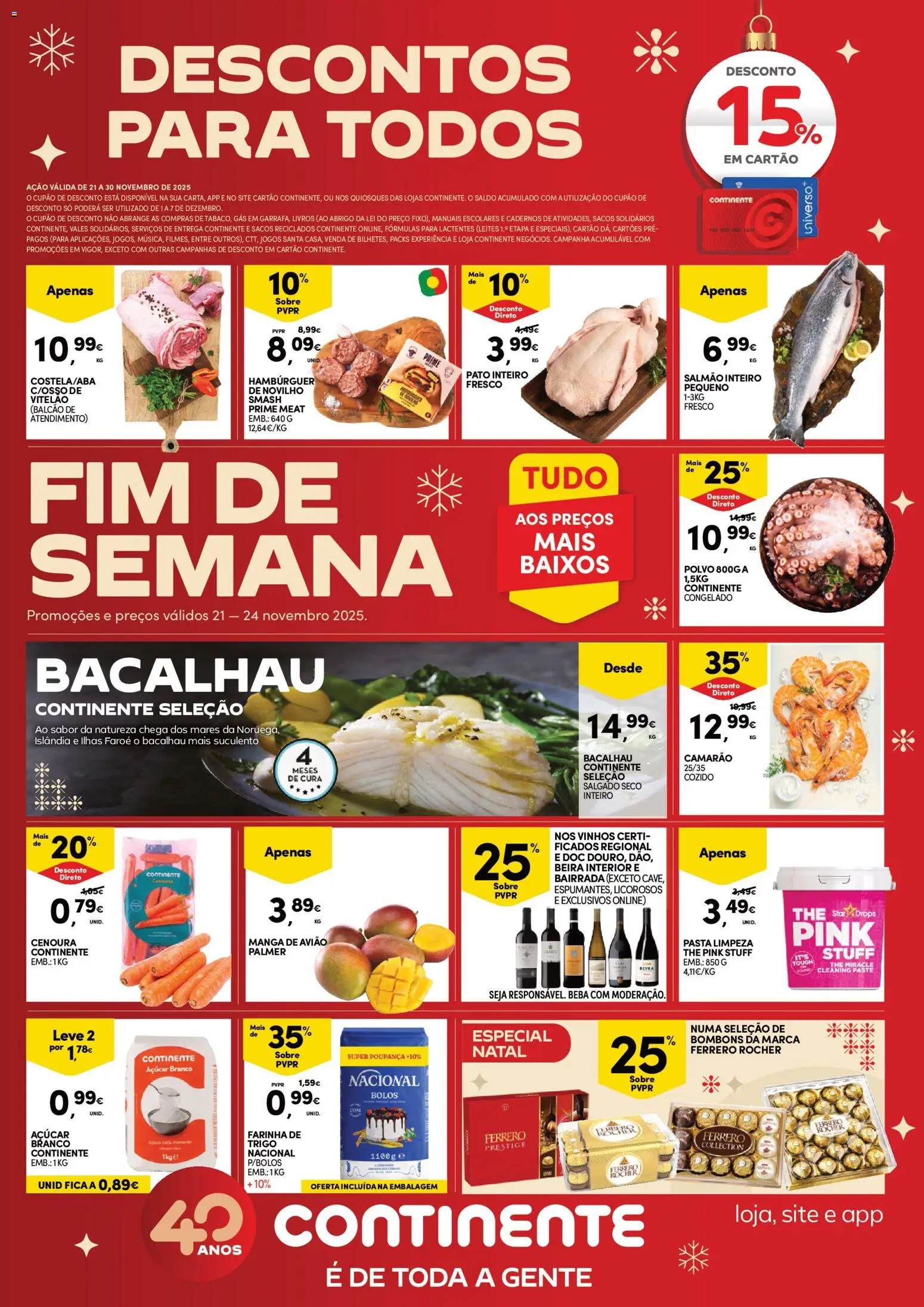 Pré-visualização do folheto da loja Continente válida a partir de 21/11/2025 - Chocolates, Livros, Hambúrguer, Polvo, Ferrero rocher, Camarão, Salmão, Farinha de trigo