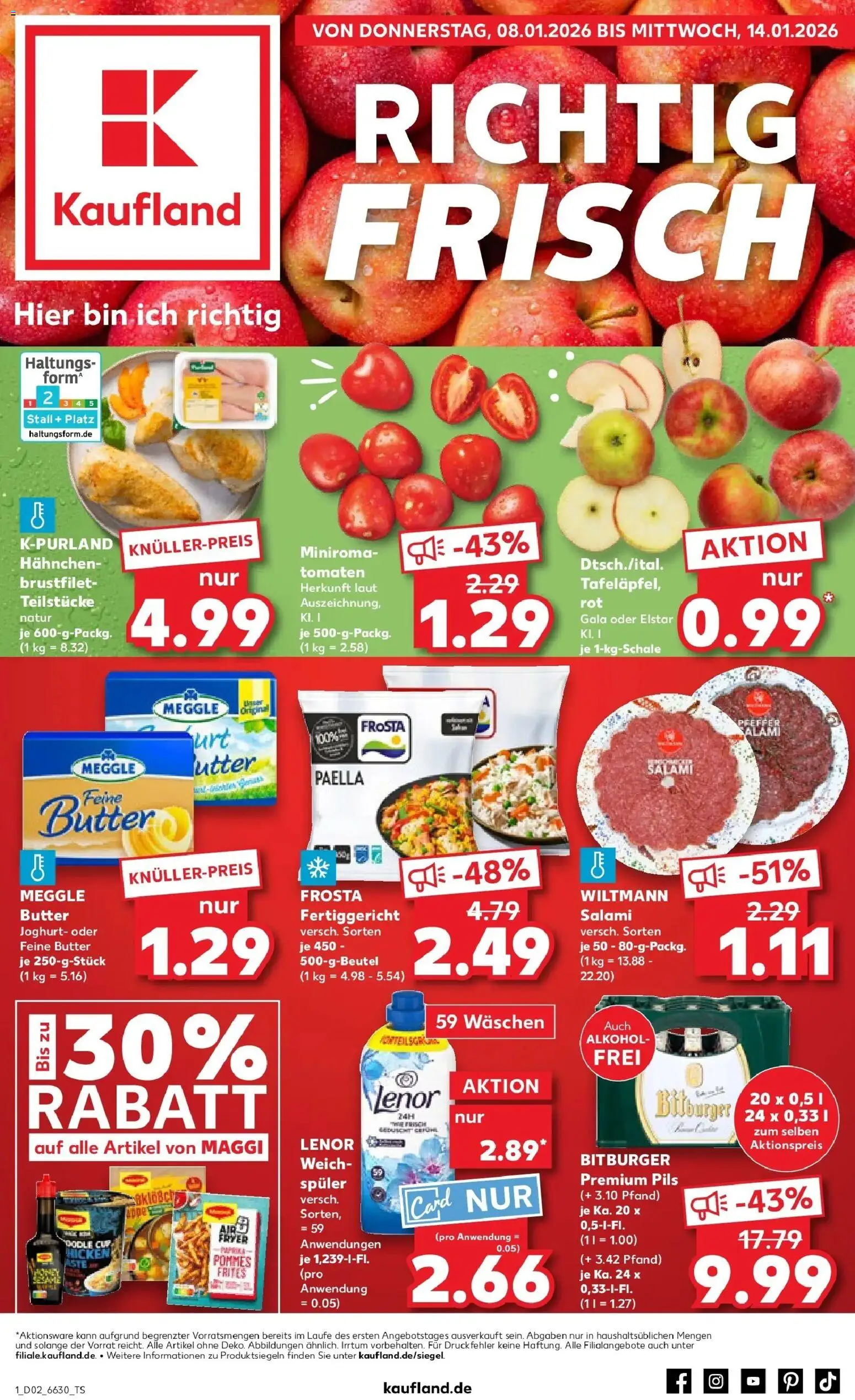 Vorschau von dem Prospekt des Geschäftes Kaufland, gültig ab dem 08.01.2026 - Pommes, Maggi, Alkohol, Salami, Tomaten, Bitburger, Meggle butter, Hahnchen