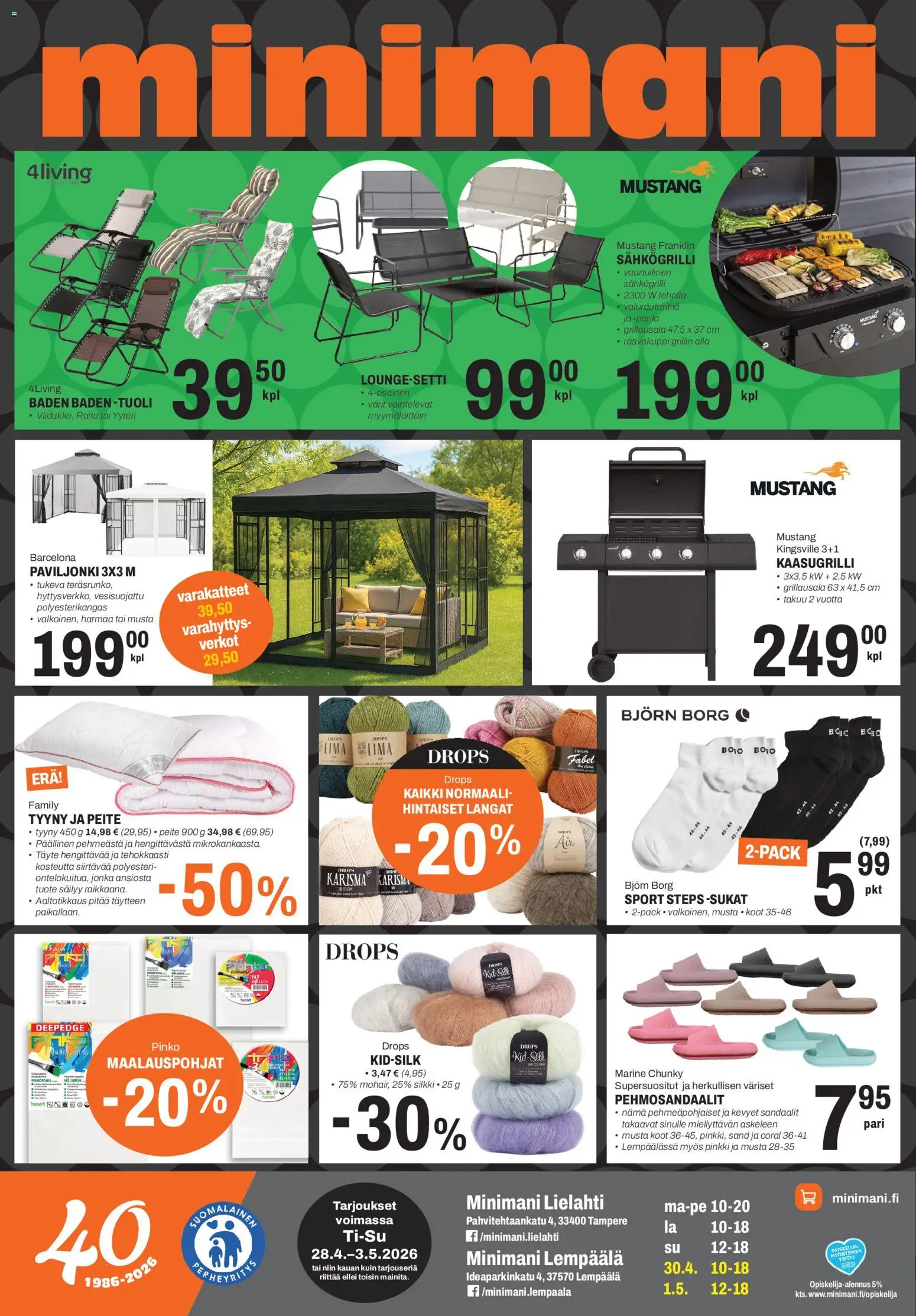 Kaupan Minimani Minimani tarjoukset - Lempäälä/Tampere esikatselu, voimassa 28/04/2026 - Kaasugrilli, Tuoli, Sähkögrilli, Tyyny, Sandaalit, Sukat