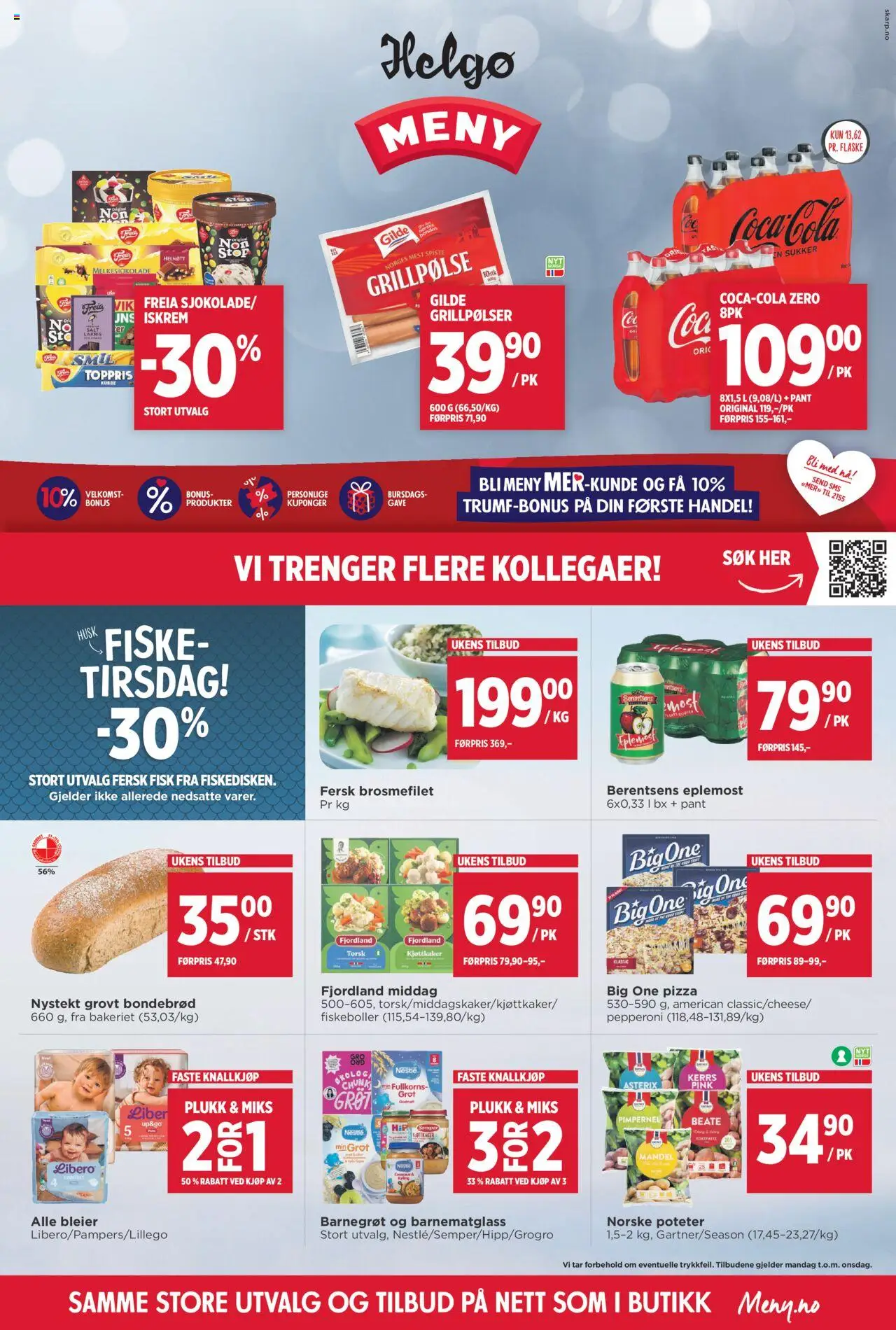 Kundeavis Helgø Meny gyldig fra 29/09/2025 - Sidenummer 1 - Torsk, Bleier, Fisk, Iskrem, Grillpølser, Kjøttkaker, Coca Cola, Cola