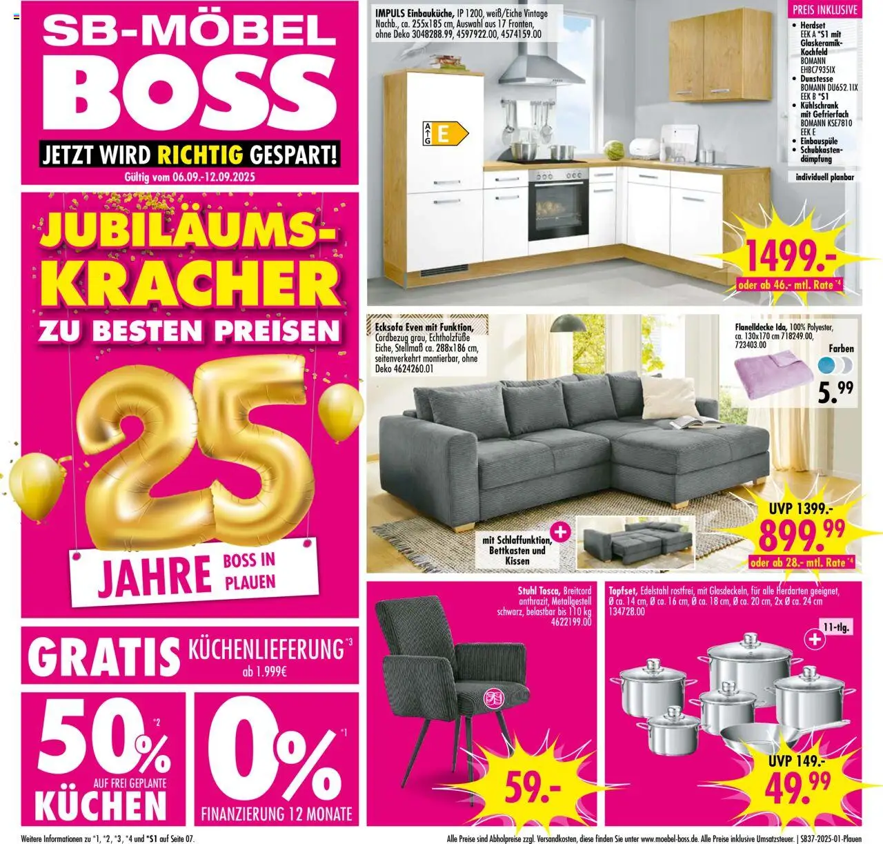 SB Möbel Boss Prospekt Plauen (vom 06.09.2025 - 12.09.2025) - Kühlschrank, Kuchen, Ecksofa, Kissen, Stuhl, Kochfeld