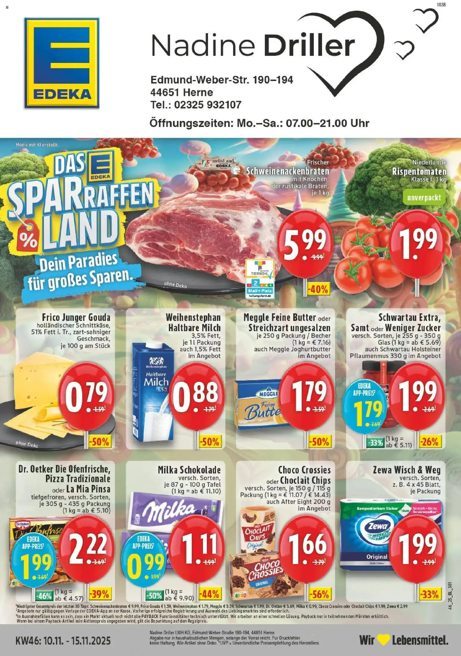 Vorschau von dem Prospekt des Geschäftes Edeka, gültig ab dem 10.11.2025 - Pizza, Uhr, Butter, Schokolade, Milch, Milka schokolade, Zucker, Haltbare milch
