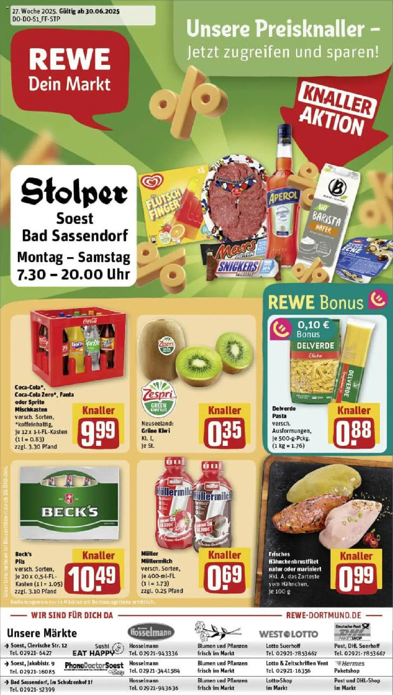 REWE Prospekt ab 29.06.2025 nächste Woche - Prospekt Soest - Blumen, Uhr, Kiwi, Snickers, Müllermilch, Sprite, Pils, Muller mullermilch