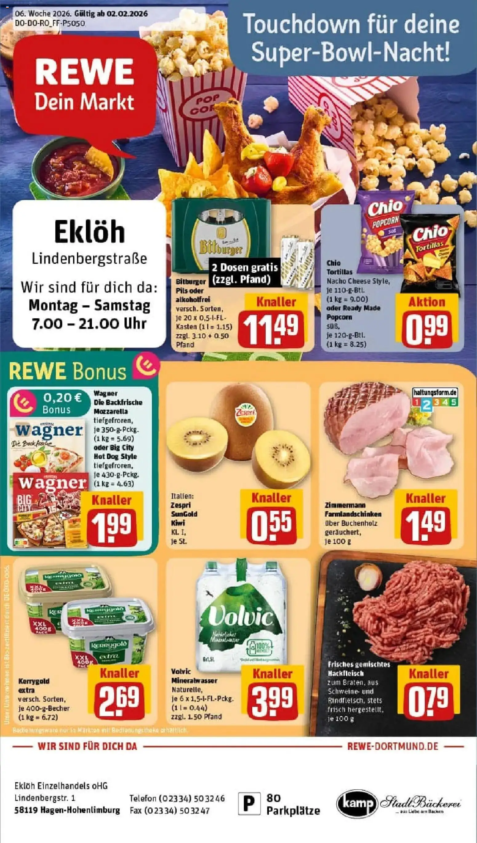 Vorschau von dem Prospekt des Geschäftes Rewe, gültig ab dem 02.02.2026 - Chips, Telefon, Butter, Mozzarella, Mineralwasser, Hackfleisch, Popcorn, Volvic