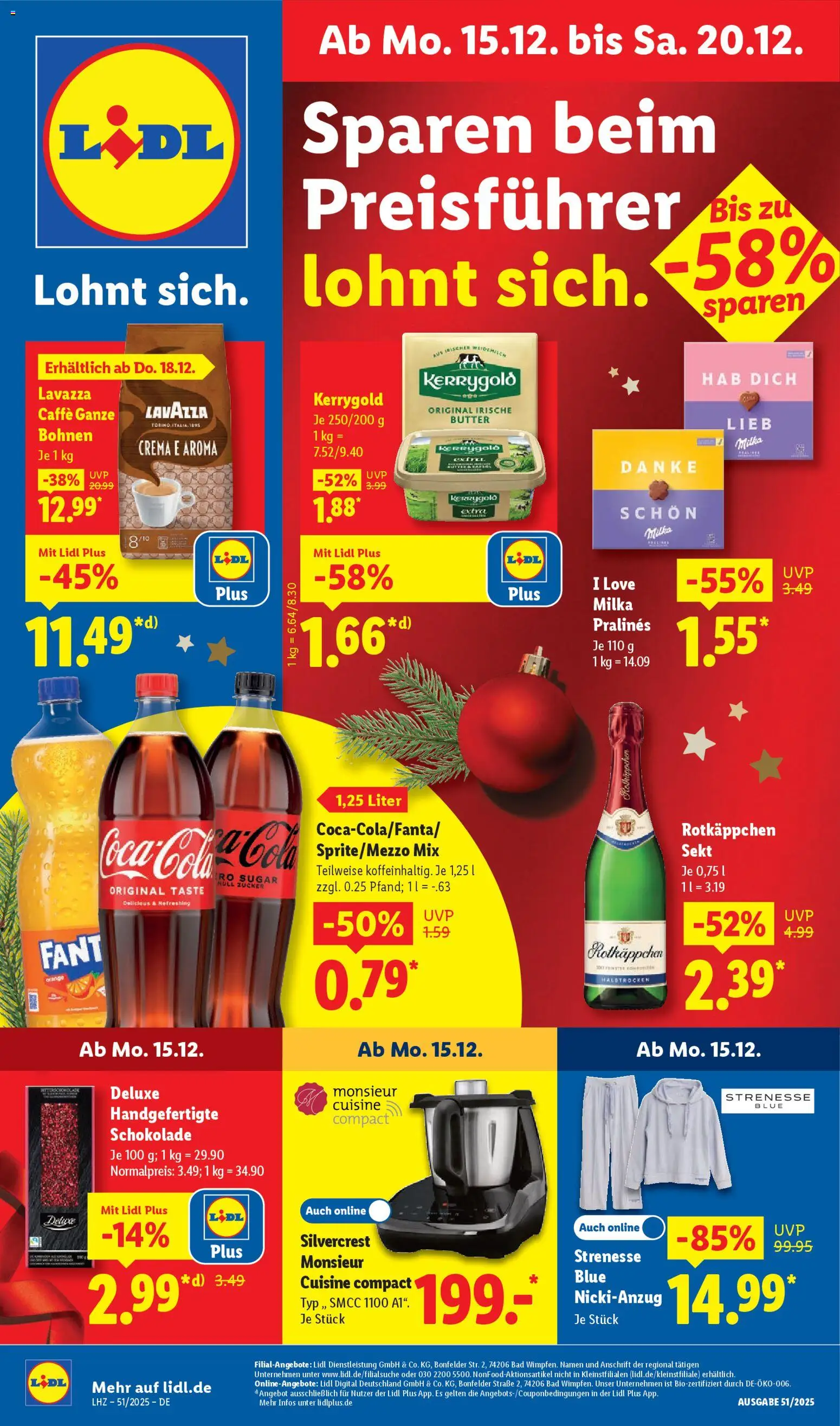 Vorschau von dem Prospekt des Geschäftes Lidl, gültig ab dem 15.12.2025 - Butter, Coca cola, Bad, Rotkäppchen, Milka, Lavazza, Zucker, Sekt