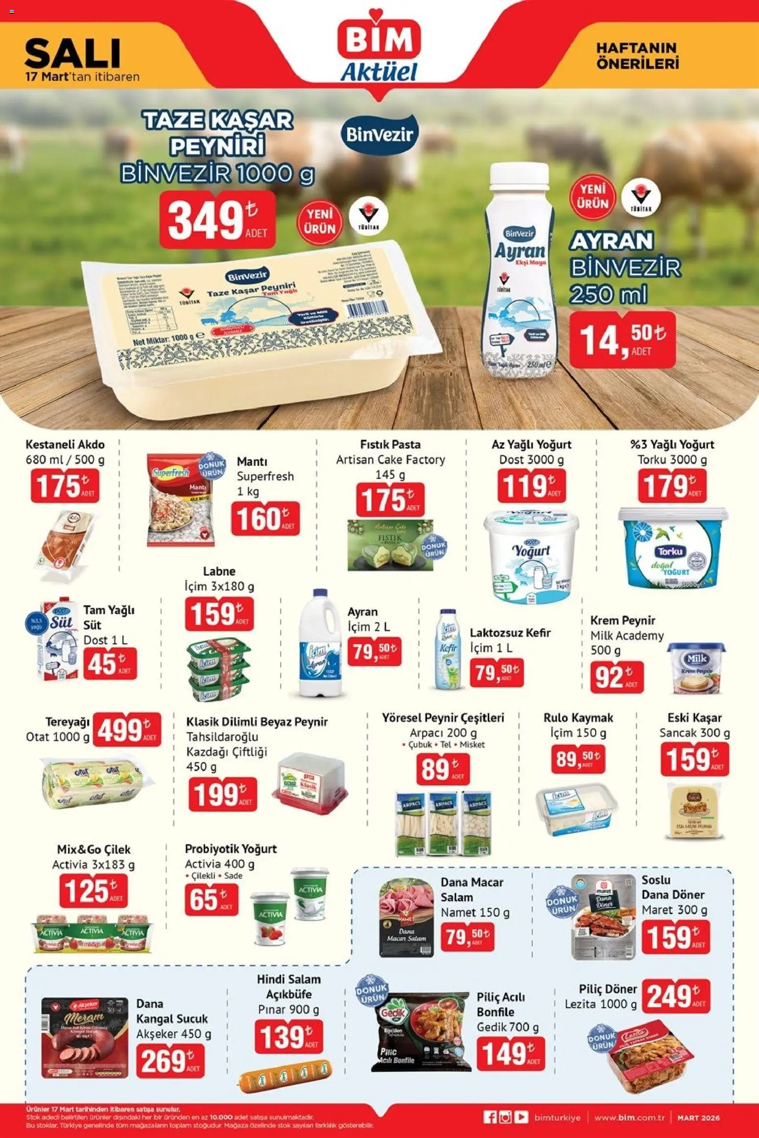 BİM BİM Katalog 17.03.2026 - Broşürünün önizlemesi - Döner, Peynir, Tereyağı, Sucuk, Kefir, Bonfile, Fıstık, Salam