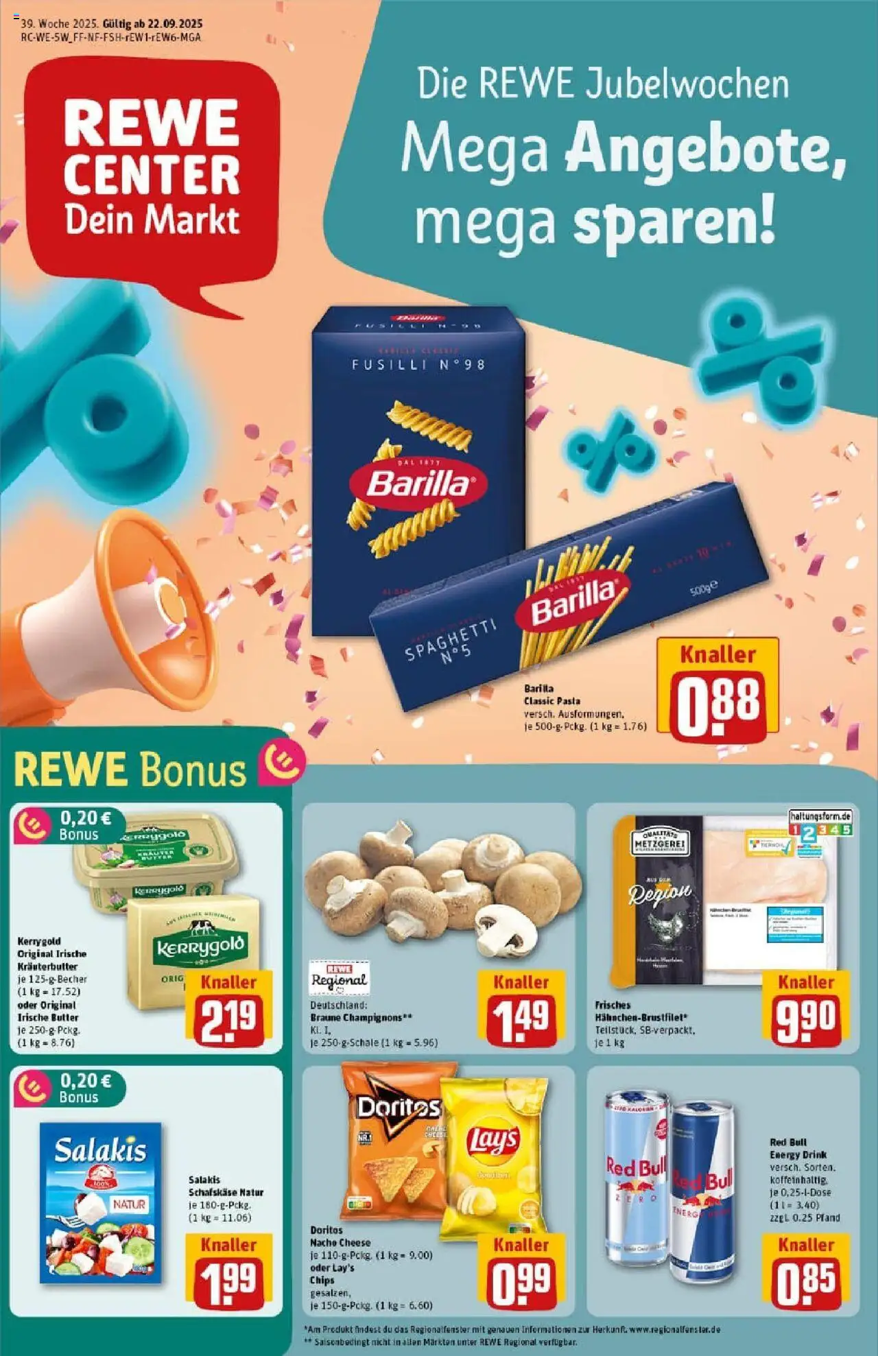 REWE Prospekt ab 21.09.2025 nächste Woche - Prospekt Neuwied - Chips, Red bull, Spaghetti, Champignons, Energy, Barilla, Kräuterbutter, Salakis