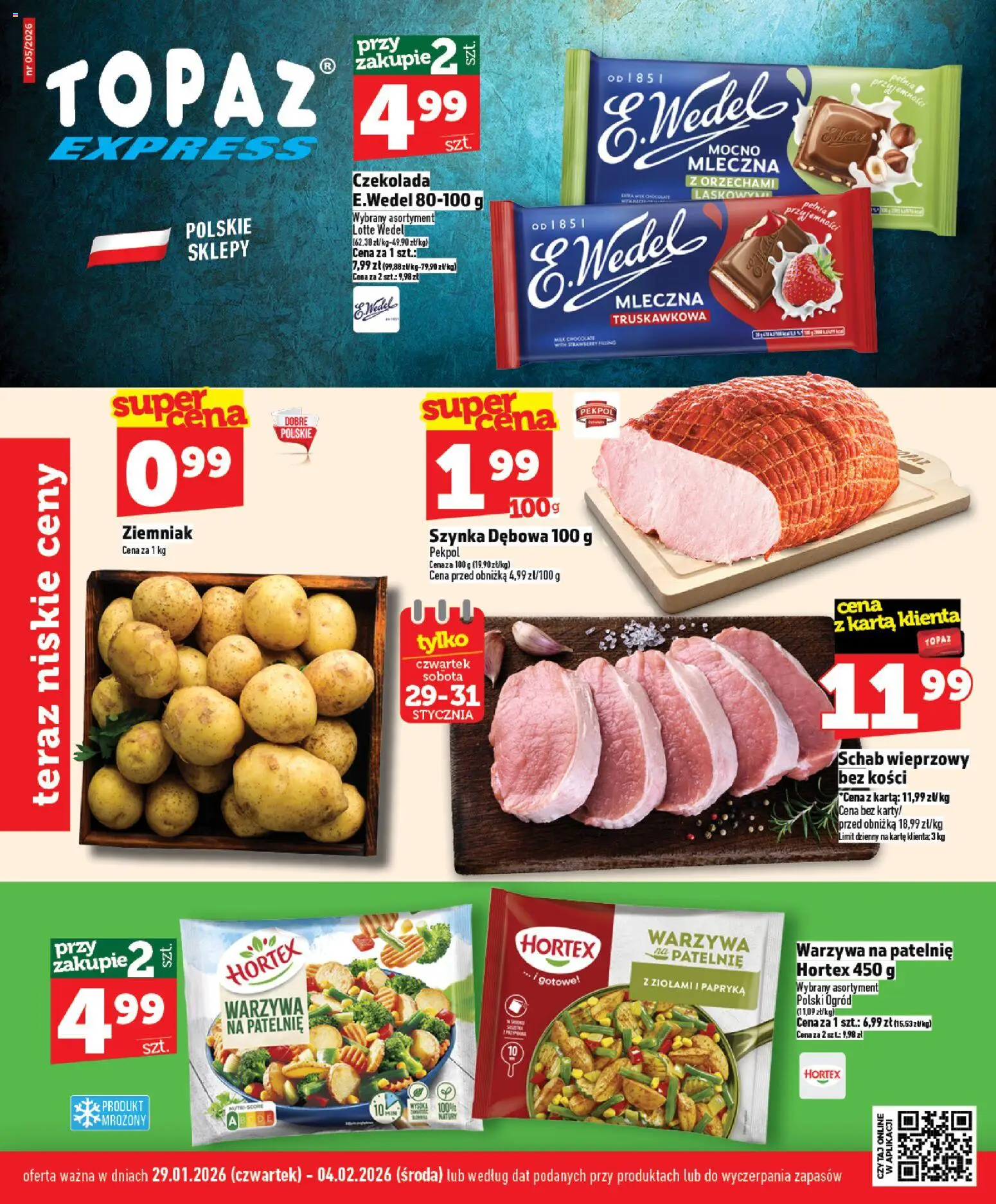 Pogląd gazetki "Express" ze sklepu Topaz ważnej od 29.01.2026 - Patelnie, Warzywa, Schab, Papryka, Karta, Szynka, Czekolada mleczna, Schab wieprzowy