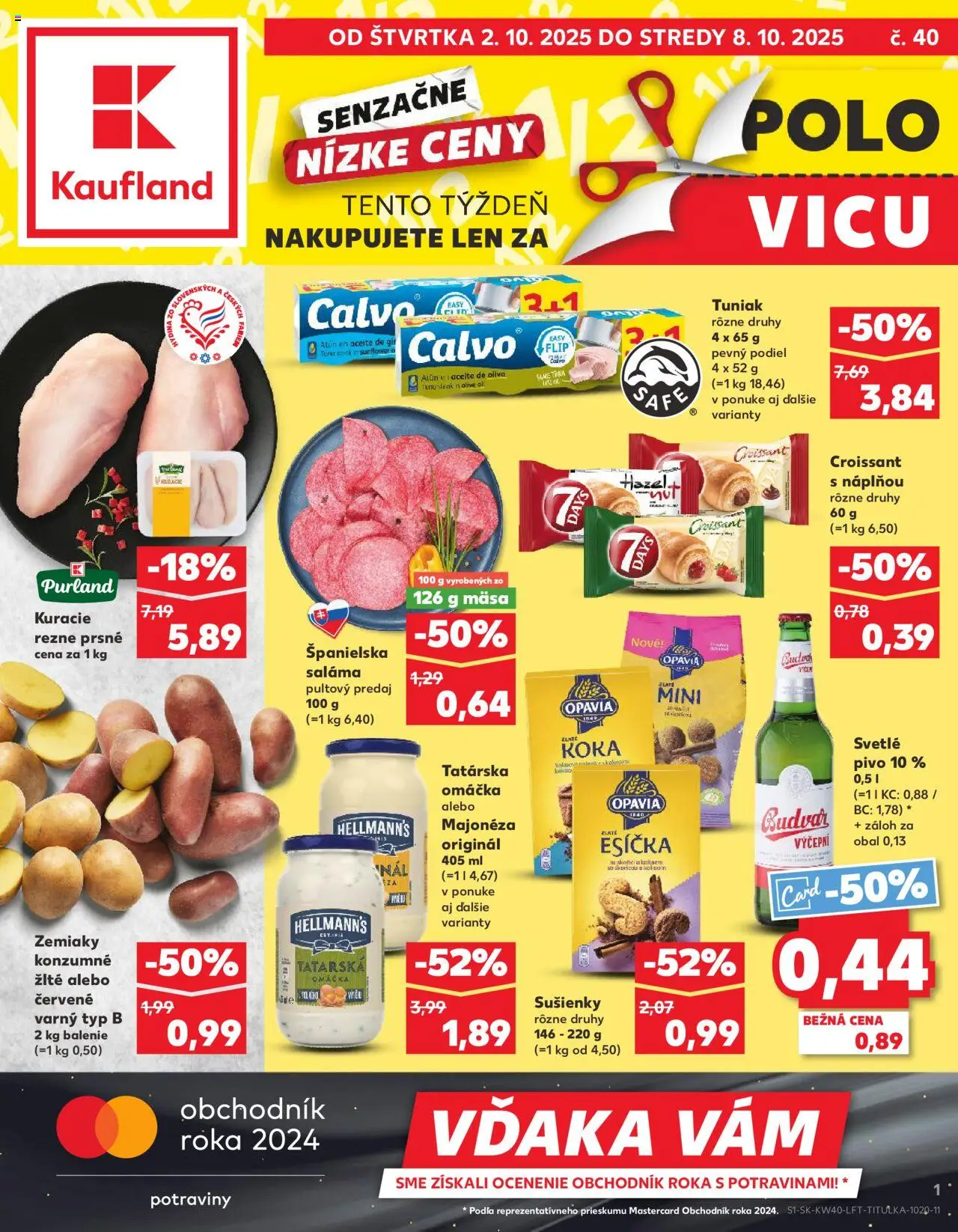 Náhľad Kaufland letáku platného od 02.10.2025 - Pivo, Croissant, Tuniak, Kuracie rezne, Zemiaky, Tatárska omáčka, Omáčka, Saláma