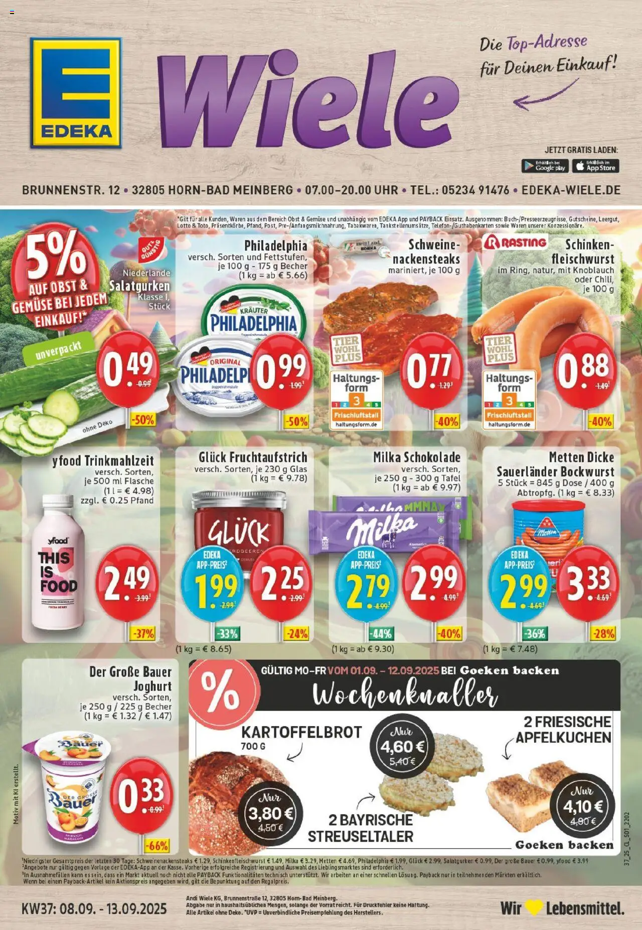 EDEKA Prospekt ab 07.09.2025 - Prospekt Horn-Bad Meinberg Online - Uhr, Schokolade, Joghurt, Philadelphia, Milka schokolade, Obst, Milka, Dicke sauerlander bockwurst
