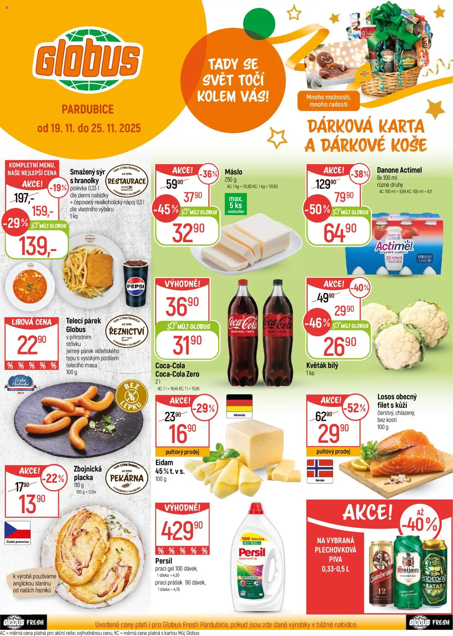Náhled nabídky: Globus Pardubice platný od 19.11.2025 - Globus, Sýr, Losos, Pepsi, Gambrinus, Actimel, Prací gel, Dárkové koše