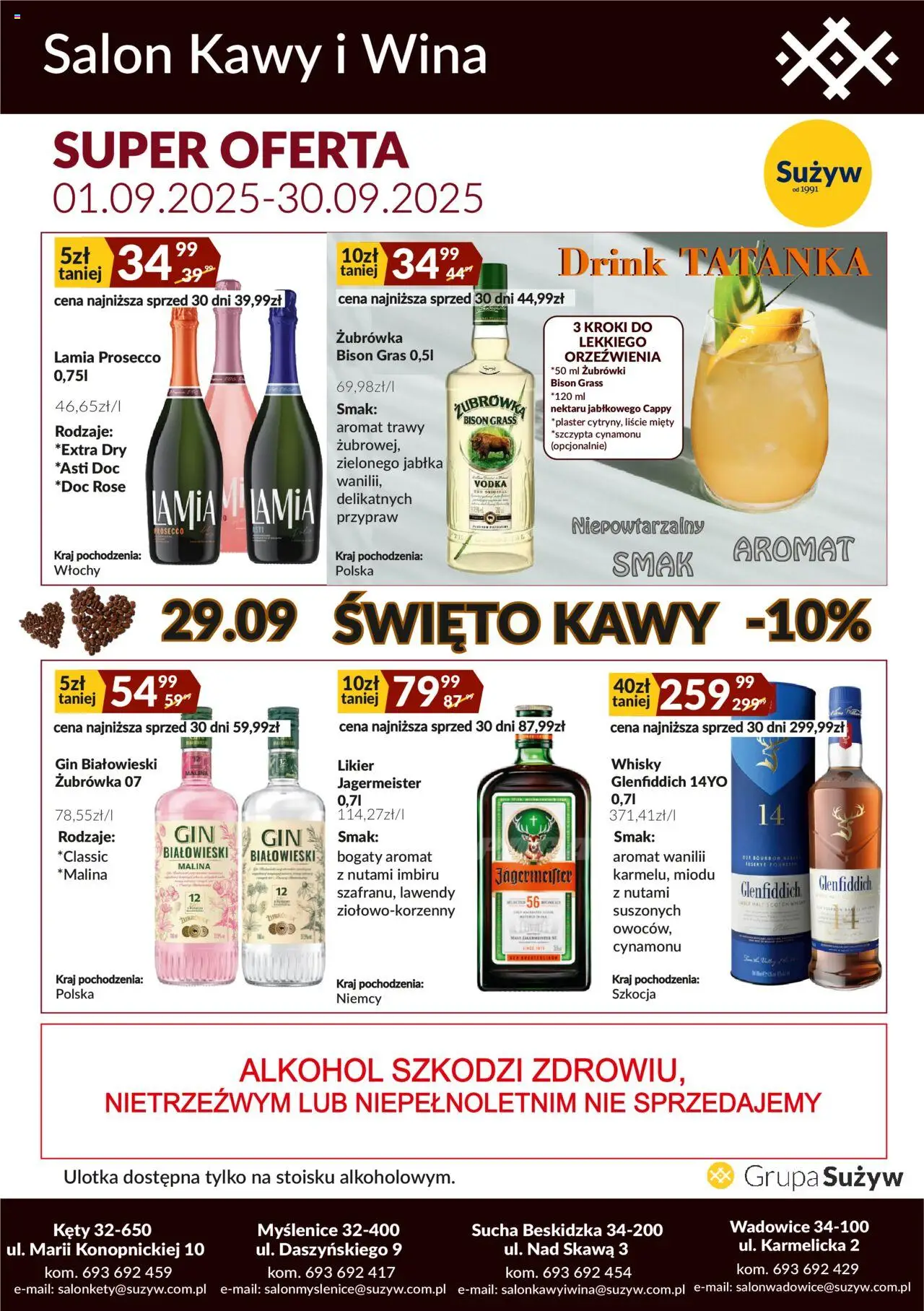 Pogląd gazetki "Salon kawy i wina" ze sklepu Sużyw ważnej od 01.09.2025 - Jagermeister, Alkohol, Whisky, Gin, Malina, Żubrówka, Jabłka, Liście mięty