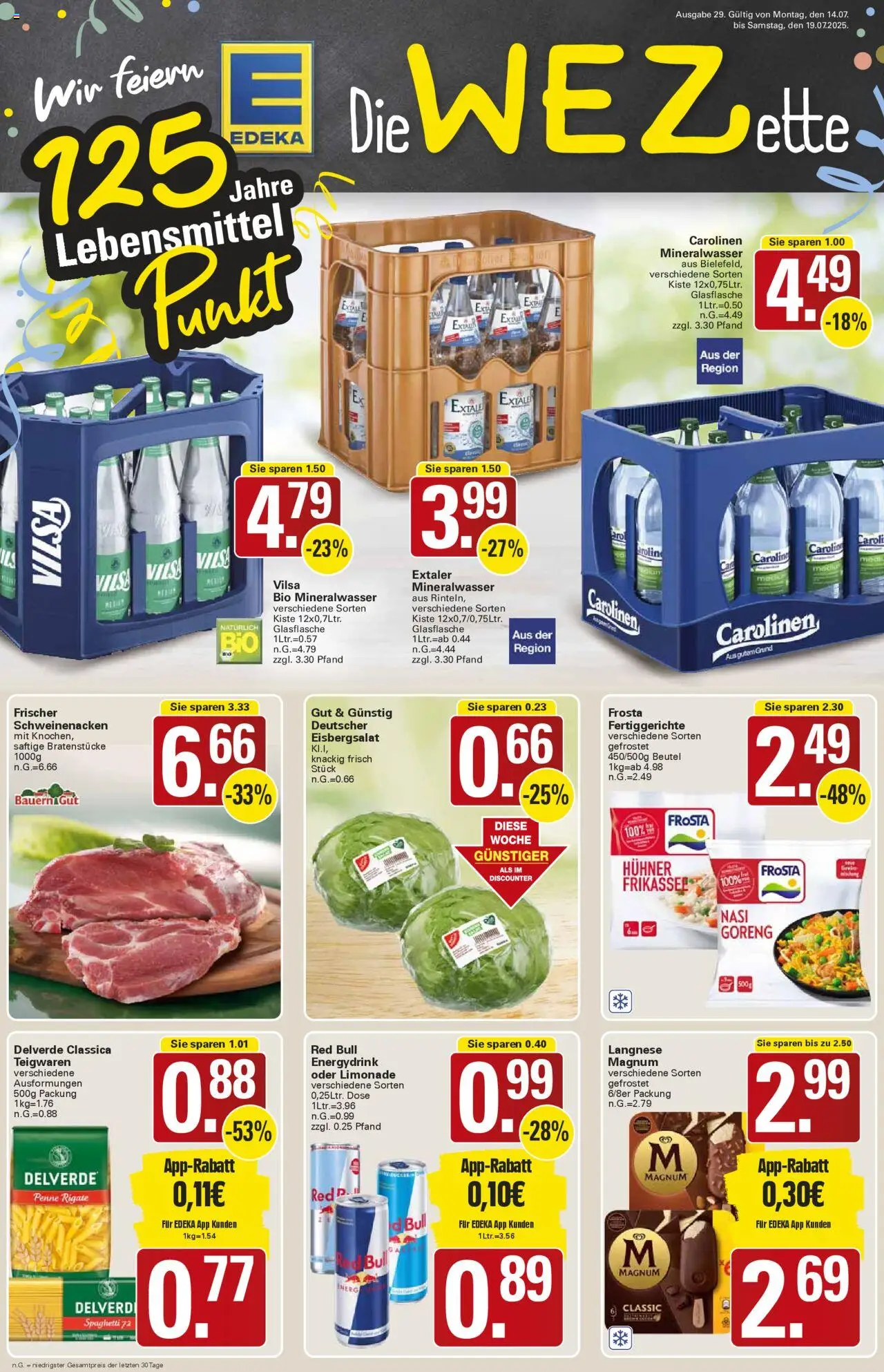 WEZ Prospekt (vom 14.07.2025 - 19.07.2025) - Red bull, Pasta, Spaghetti, Mineralwasser, Frosta, Eisbergsalat, Limonade, Fertiggerichte
